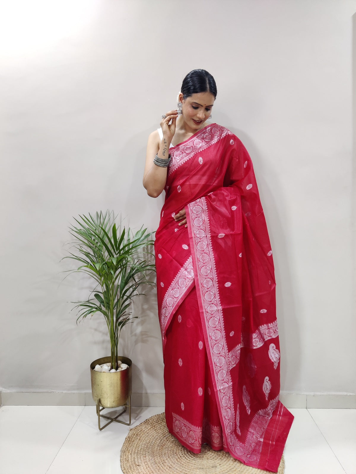 Red and Silver Design Spun Cotton Saree