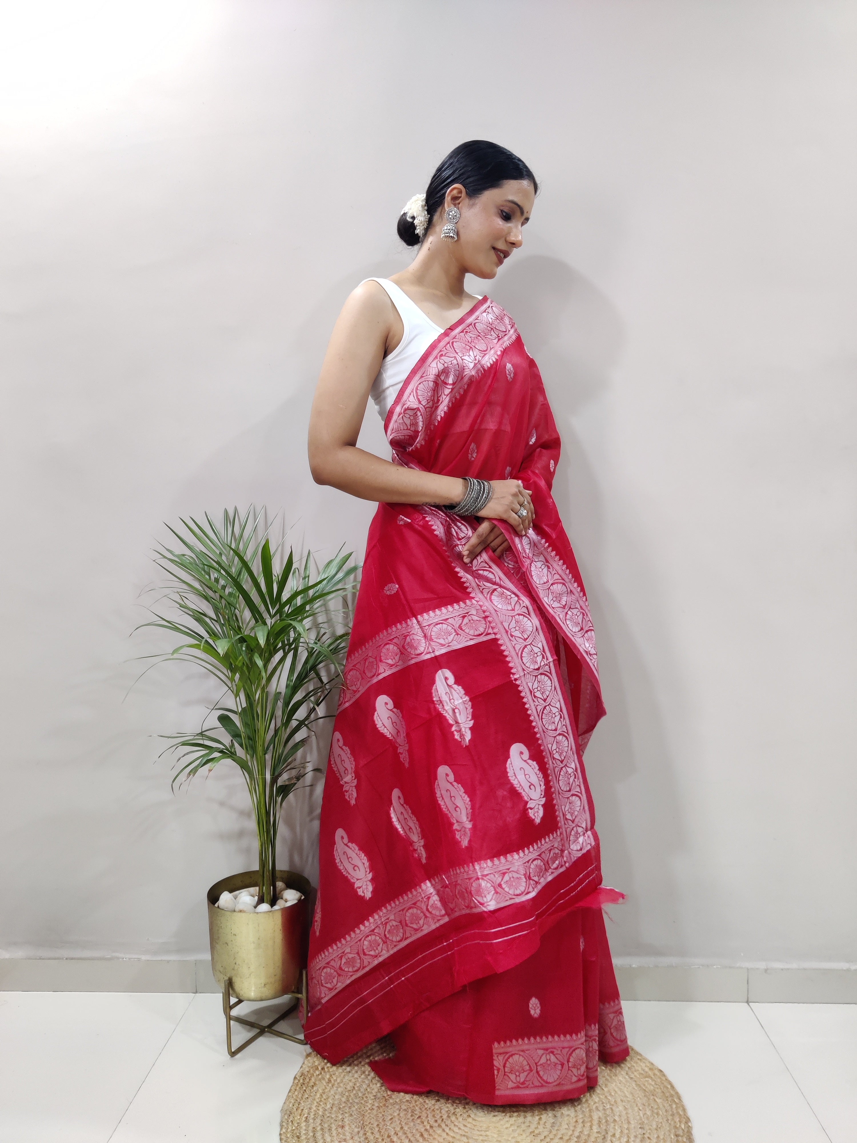 Red and Silver Design Spun Cotton Saree