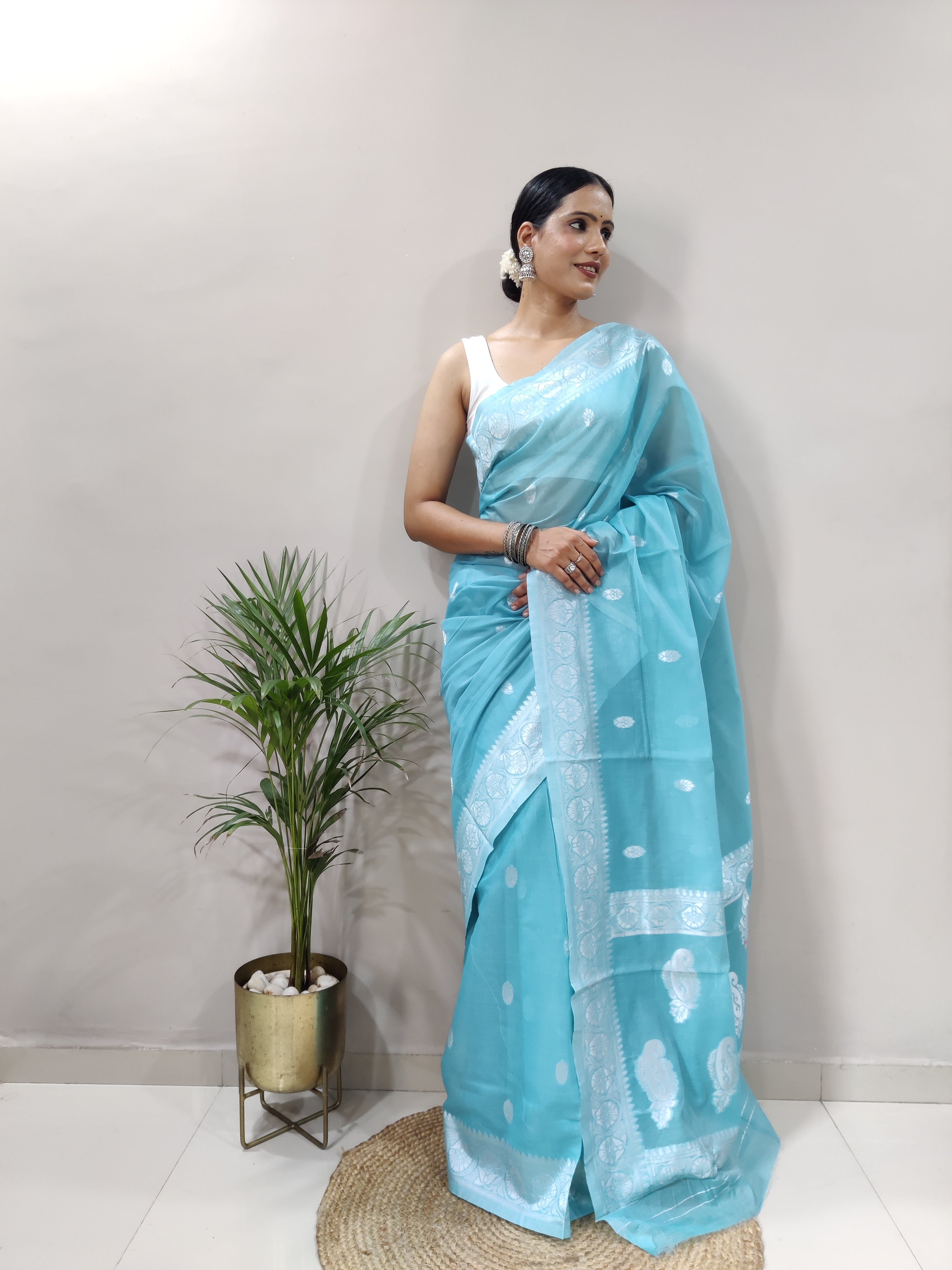 Sky Blue and Silver Design Spun Cotton Saree