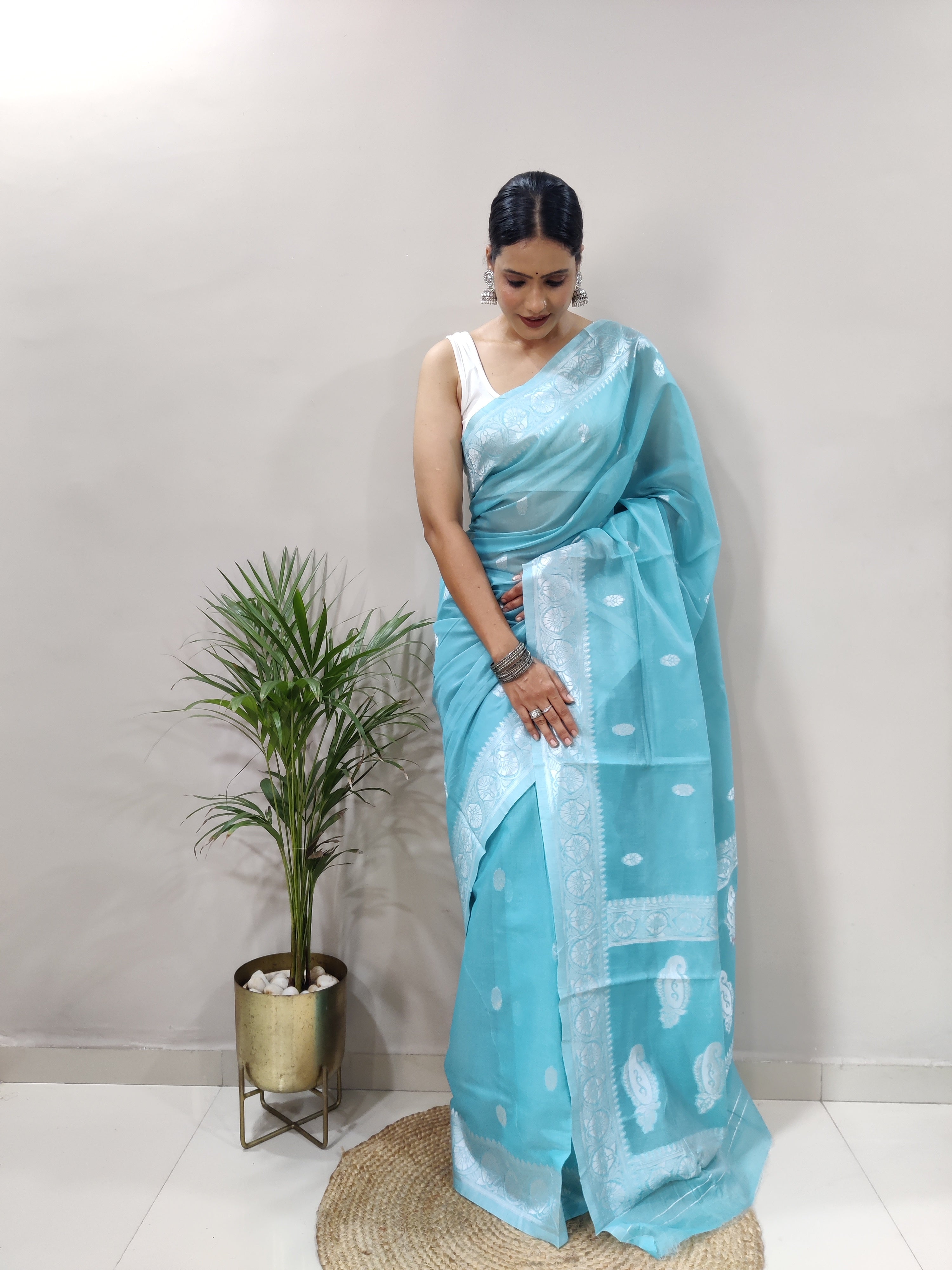 Sky Blue and Silver Design Spun Cotton Saree