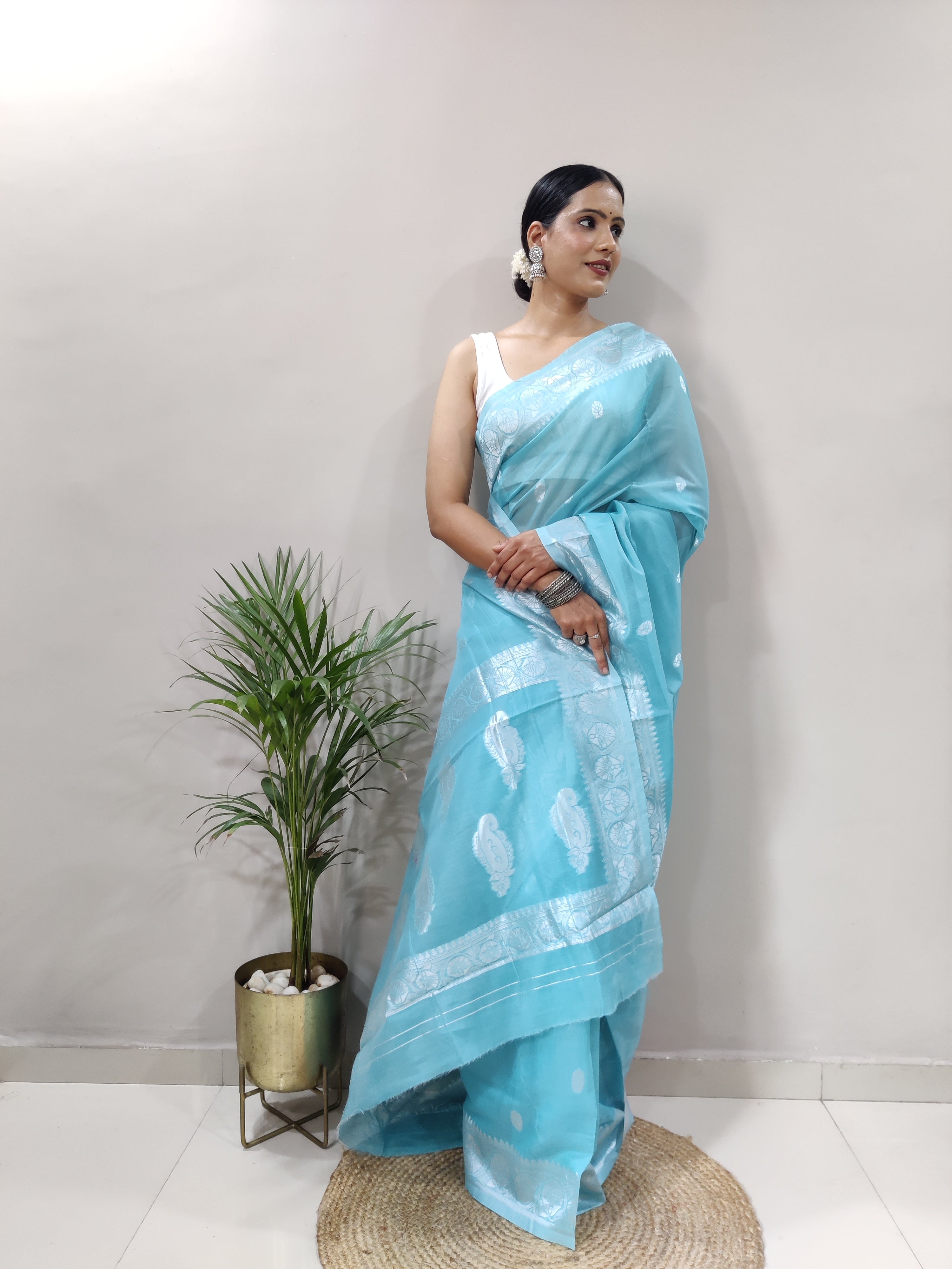 Sky Blue and Silver Design Spun Cotton Saree