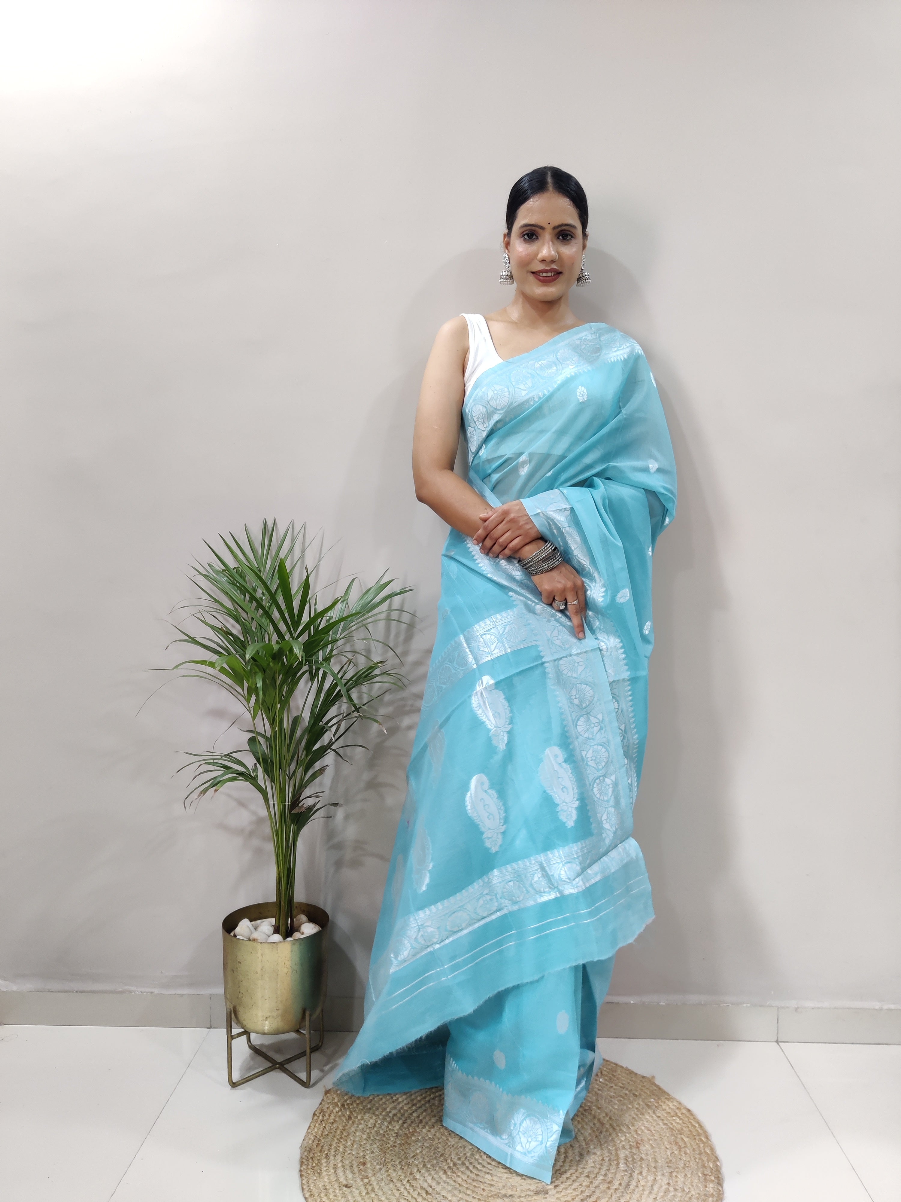 Sky Blue and Silver Design Spun Cotton Saree