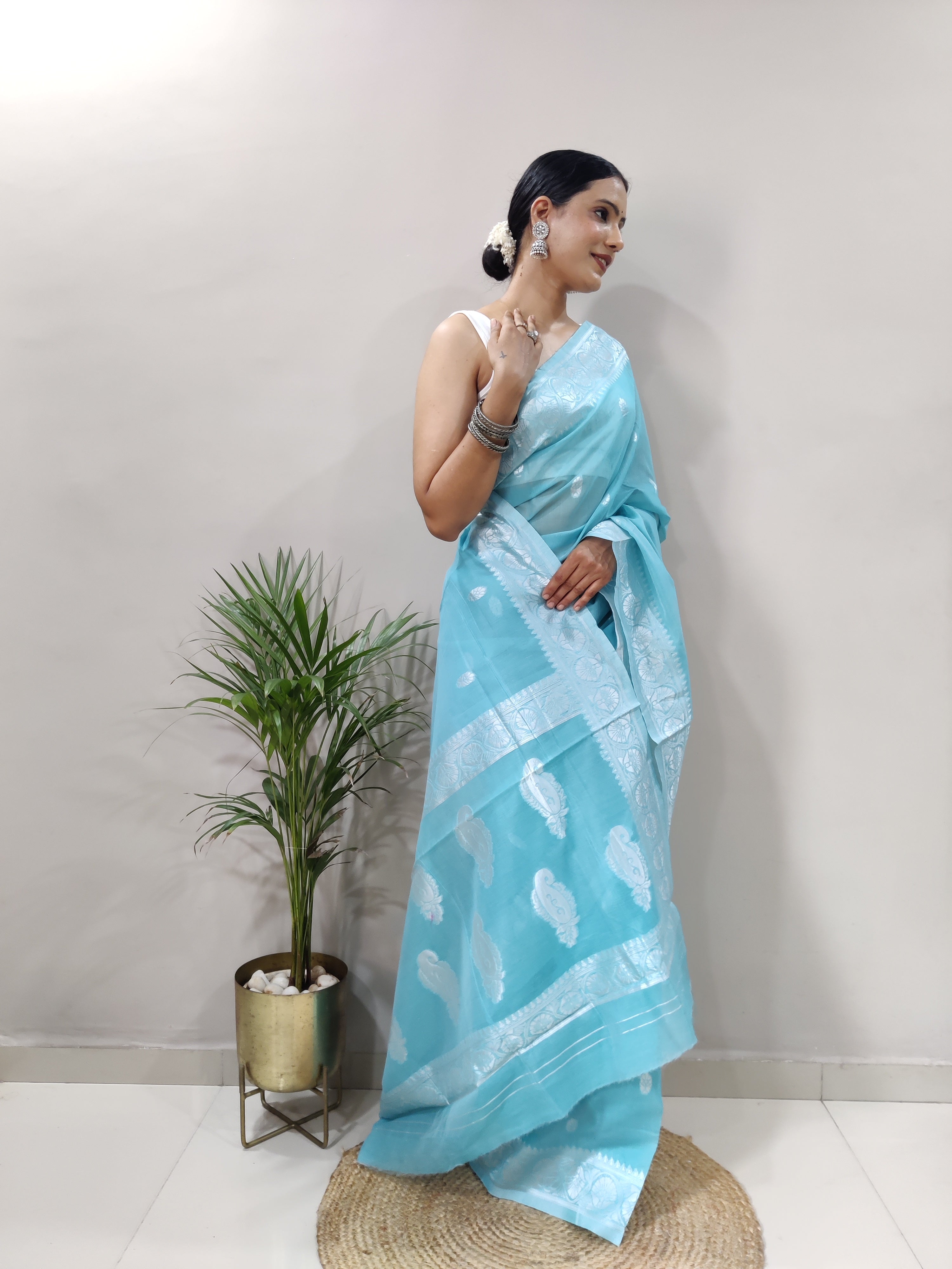 Sky Blue and Silver Design Spun Cotton Saree