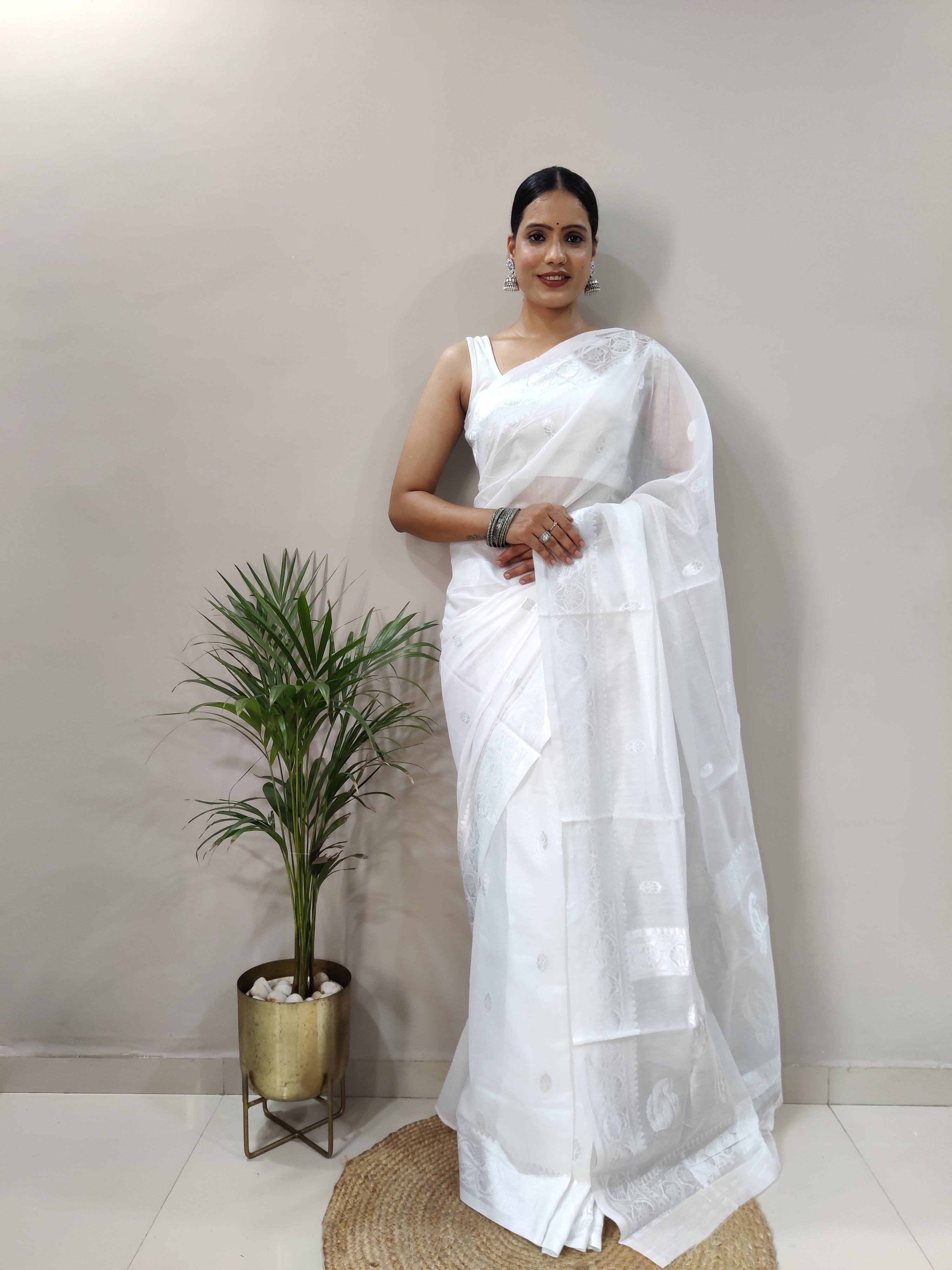 White and Silver Design Spun Cotton Saree