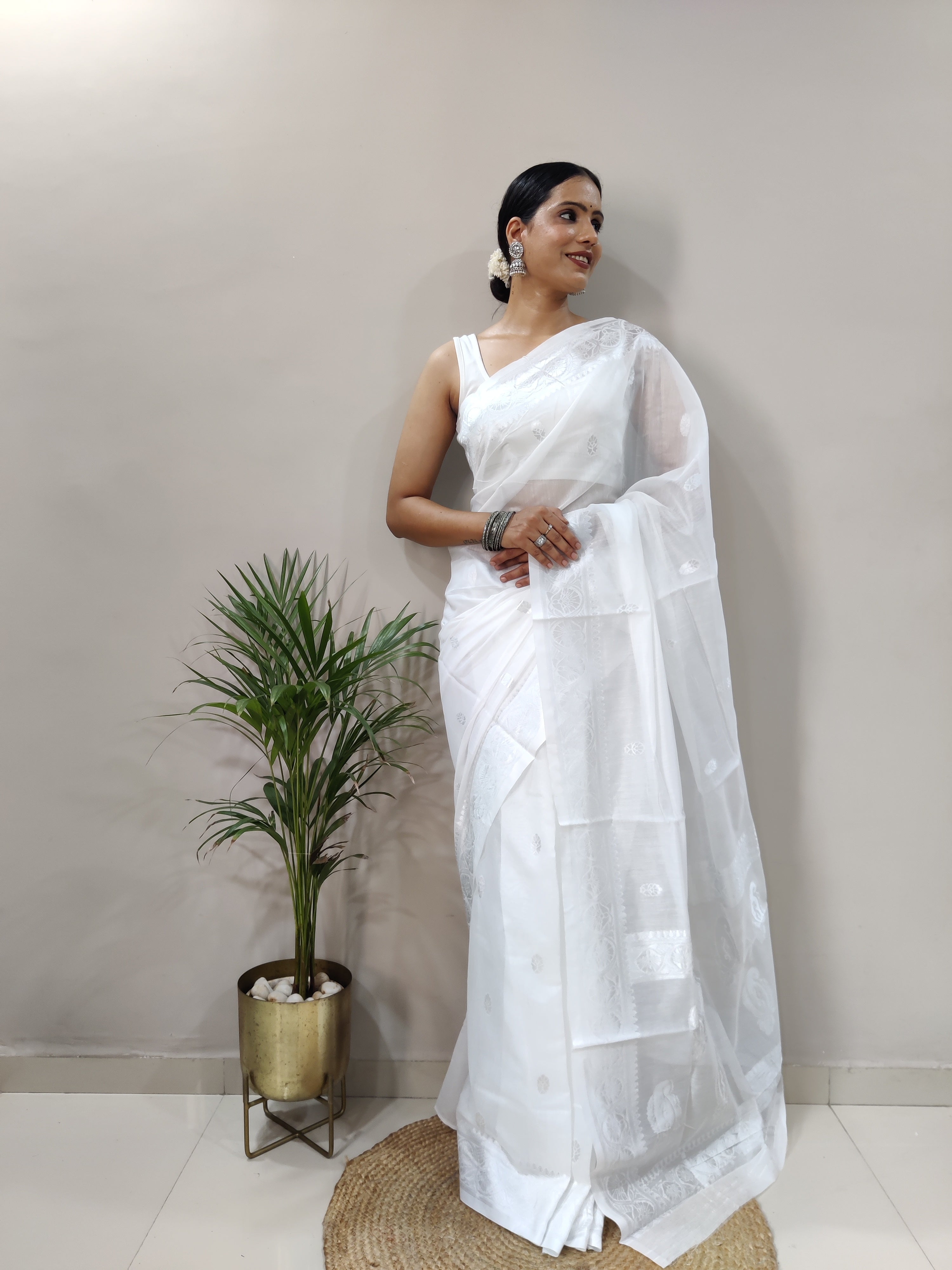 White and Silver Design Spun Cotton Saree