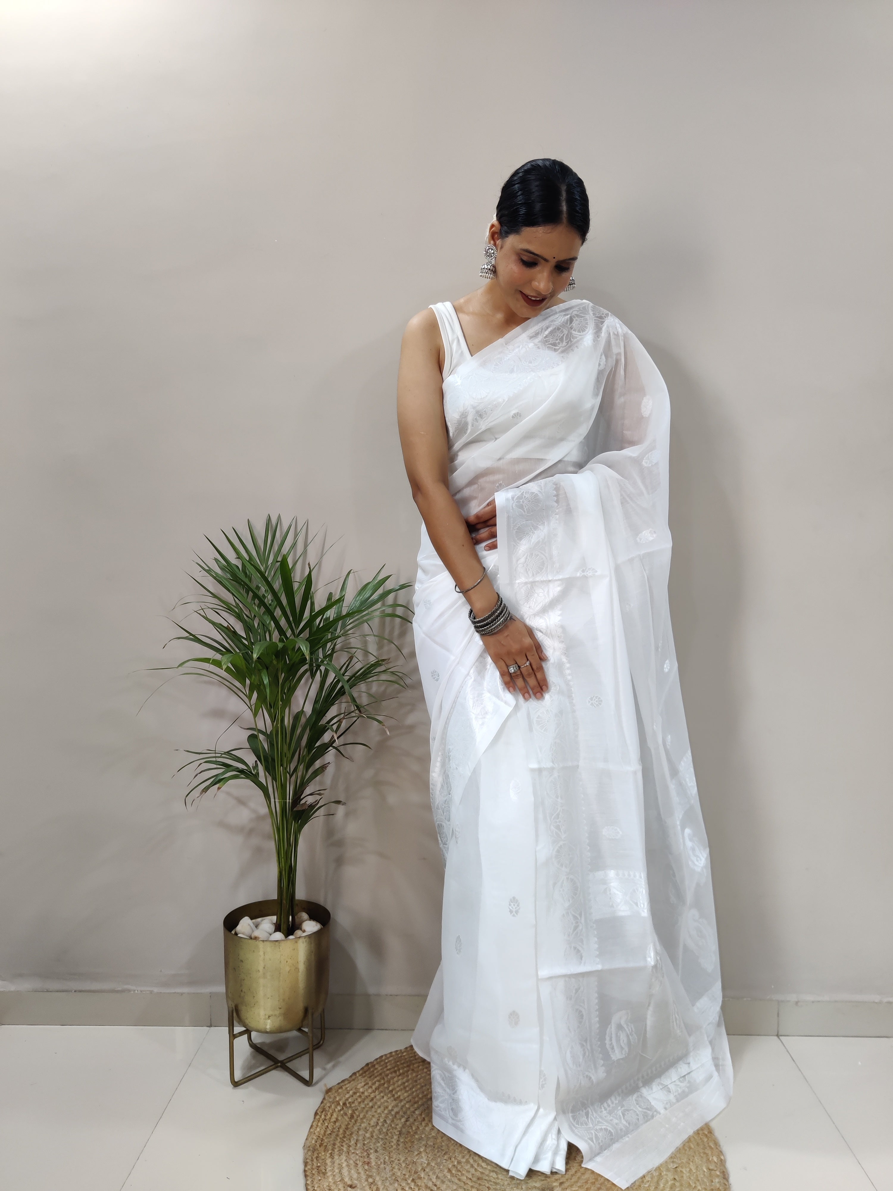 White and Silver Design Spun Cotton Saree