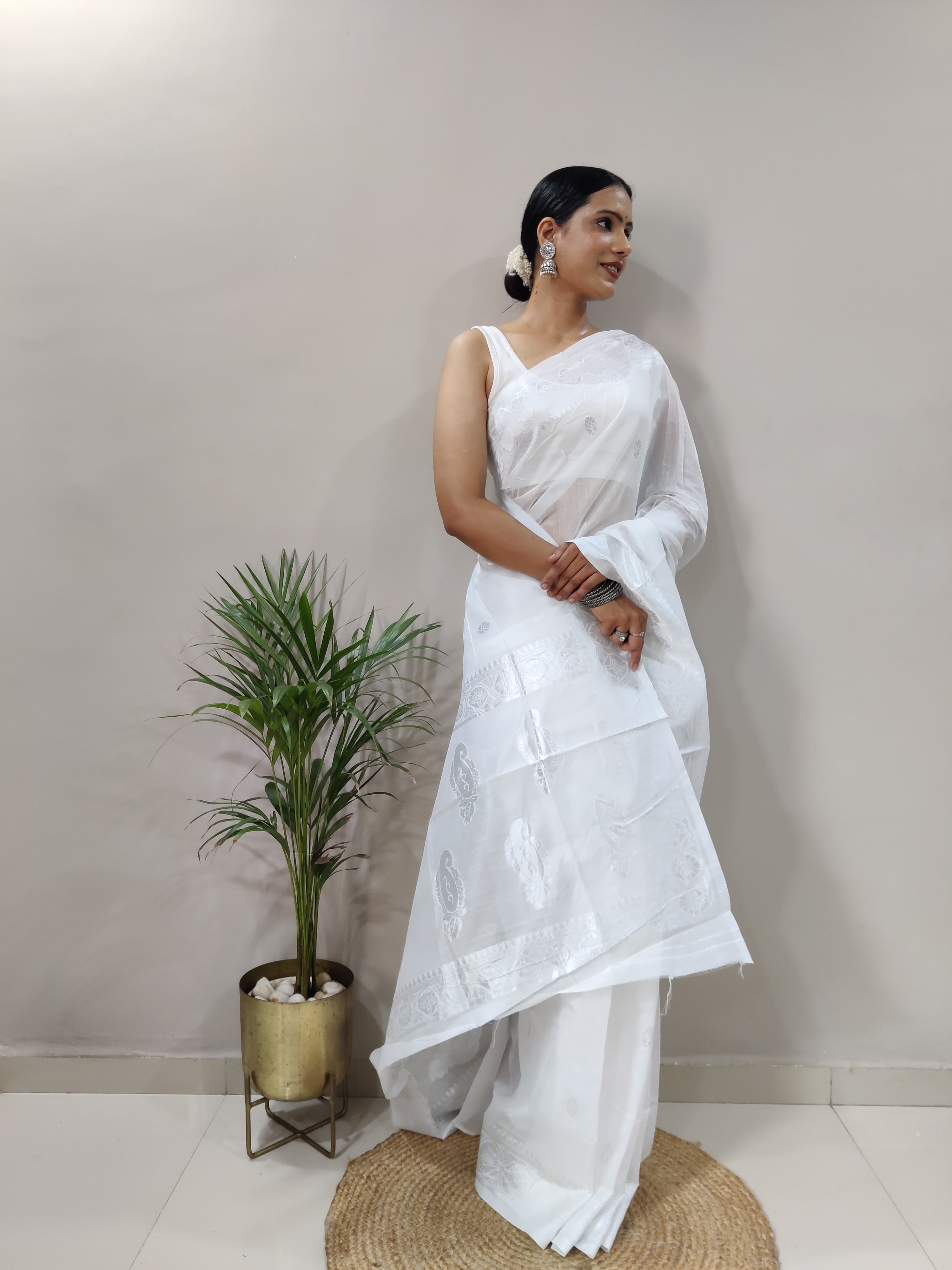 White and Silver Design Spun Cotton Saree