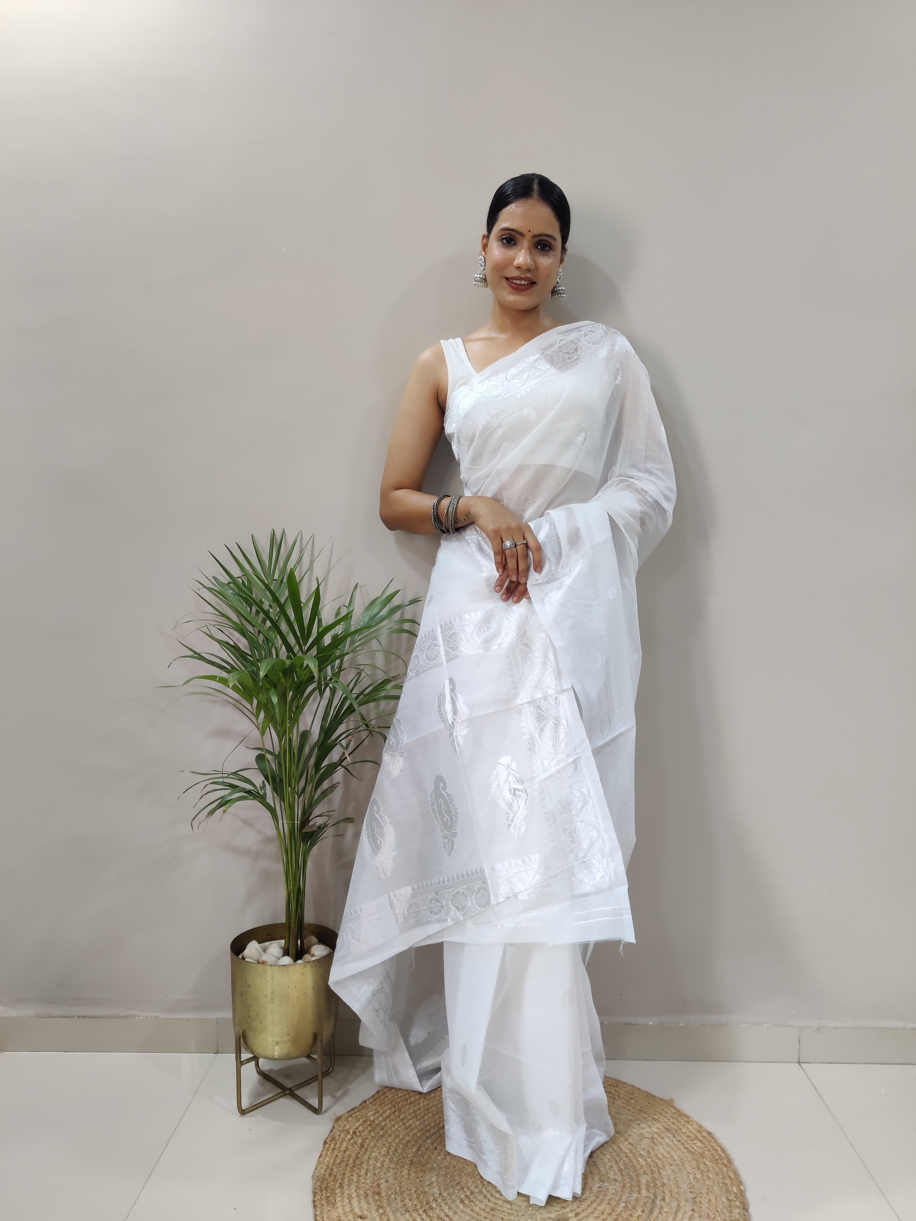 White and Silver Design Spun Cotton Saree