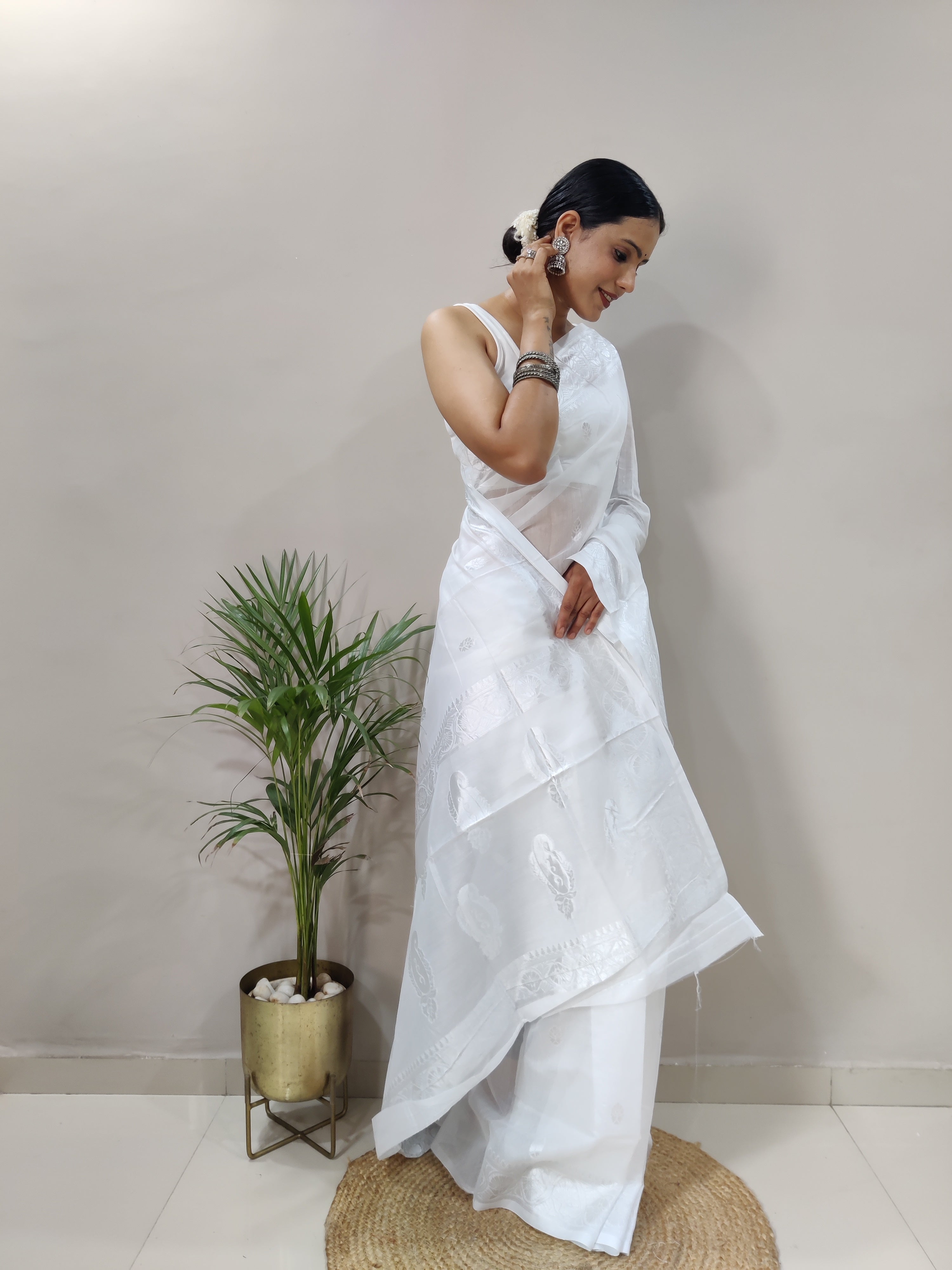 White and Silver Design Spun Cotton Saree