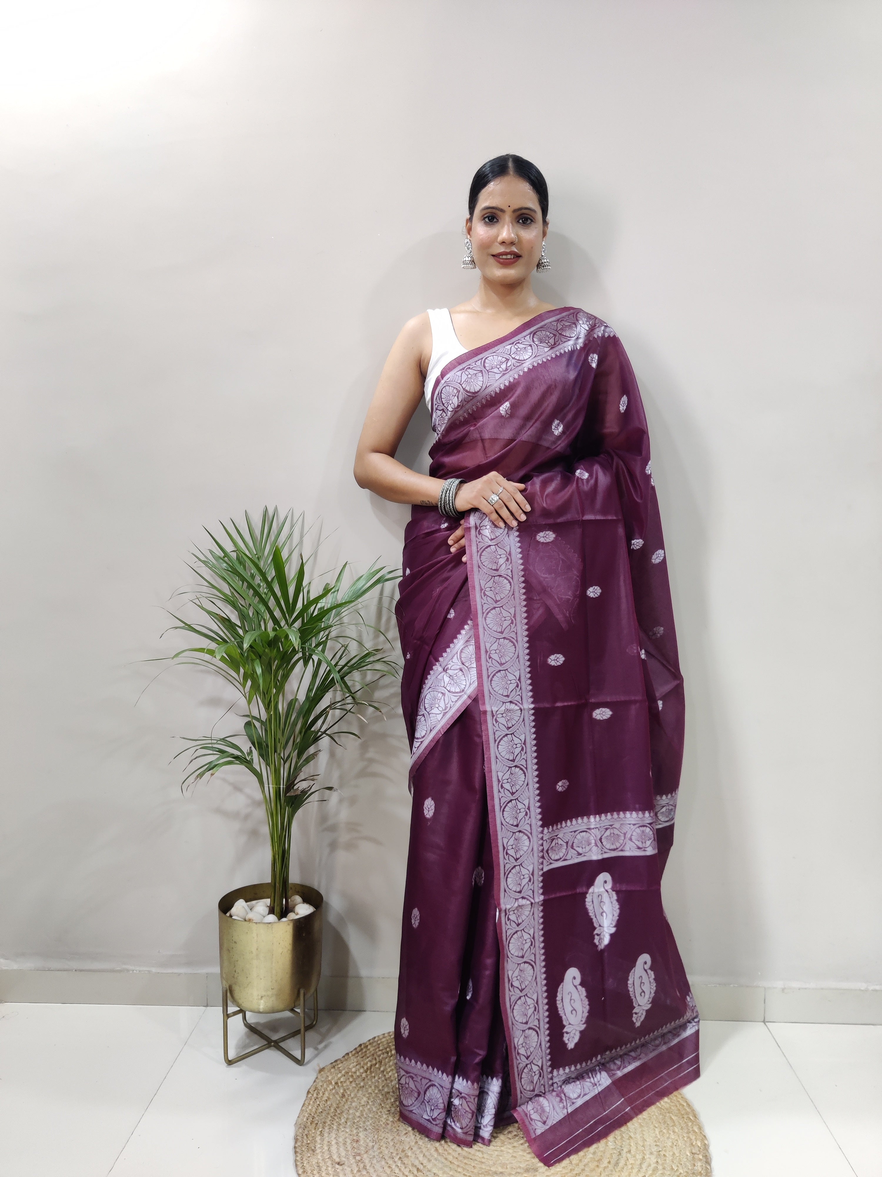 Wine and Silver Design Spun Cotton Saree