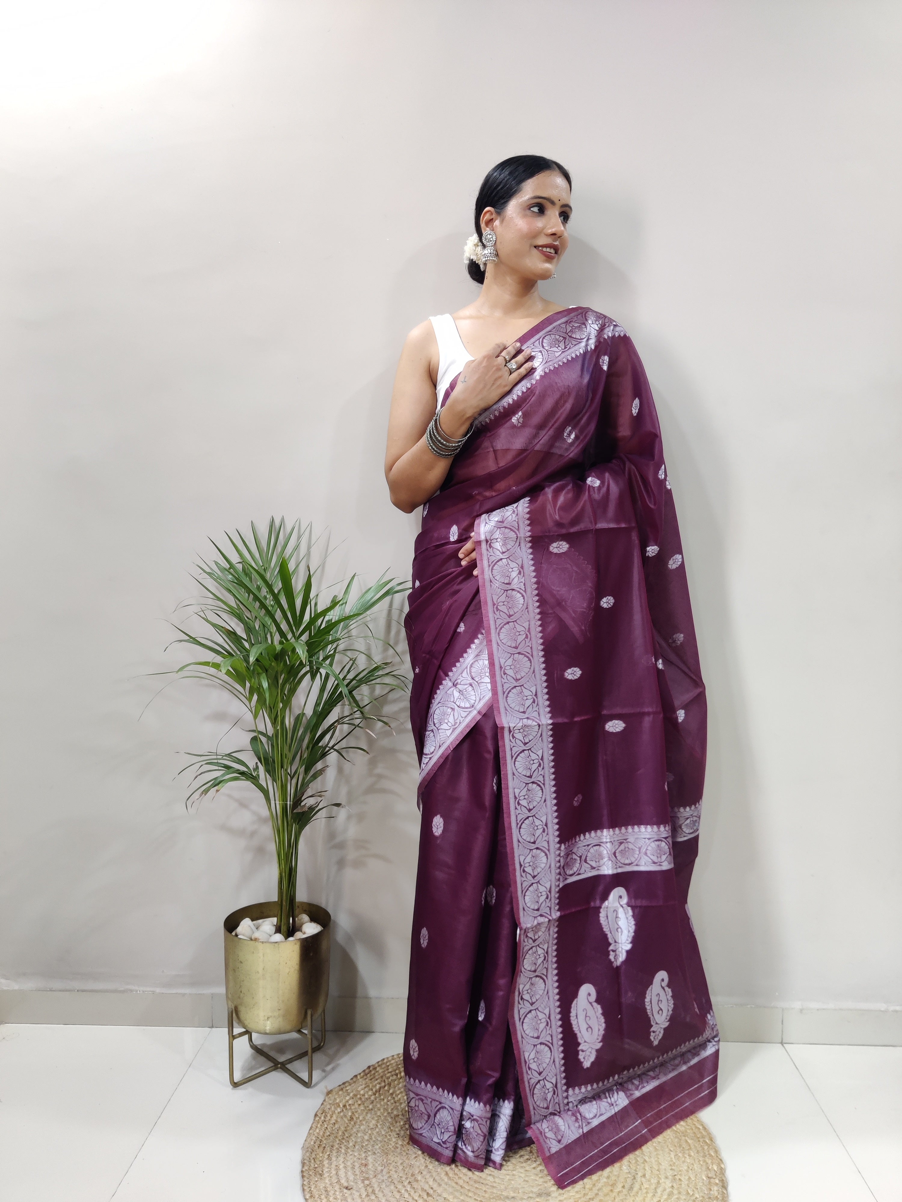 Wine and Silver Design Spun Cotton Saree