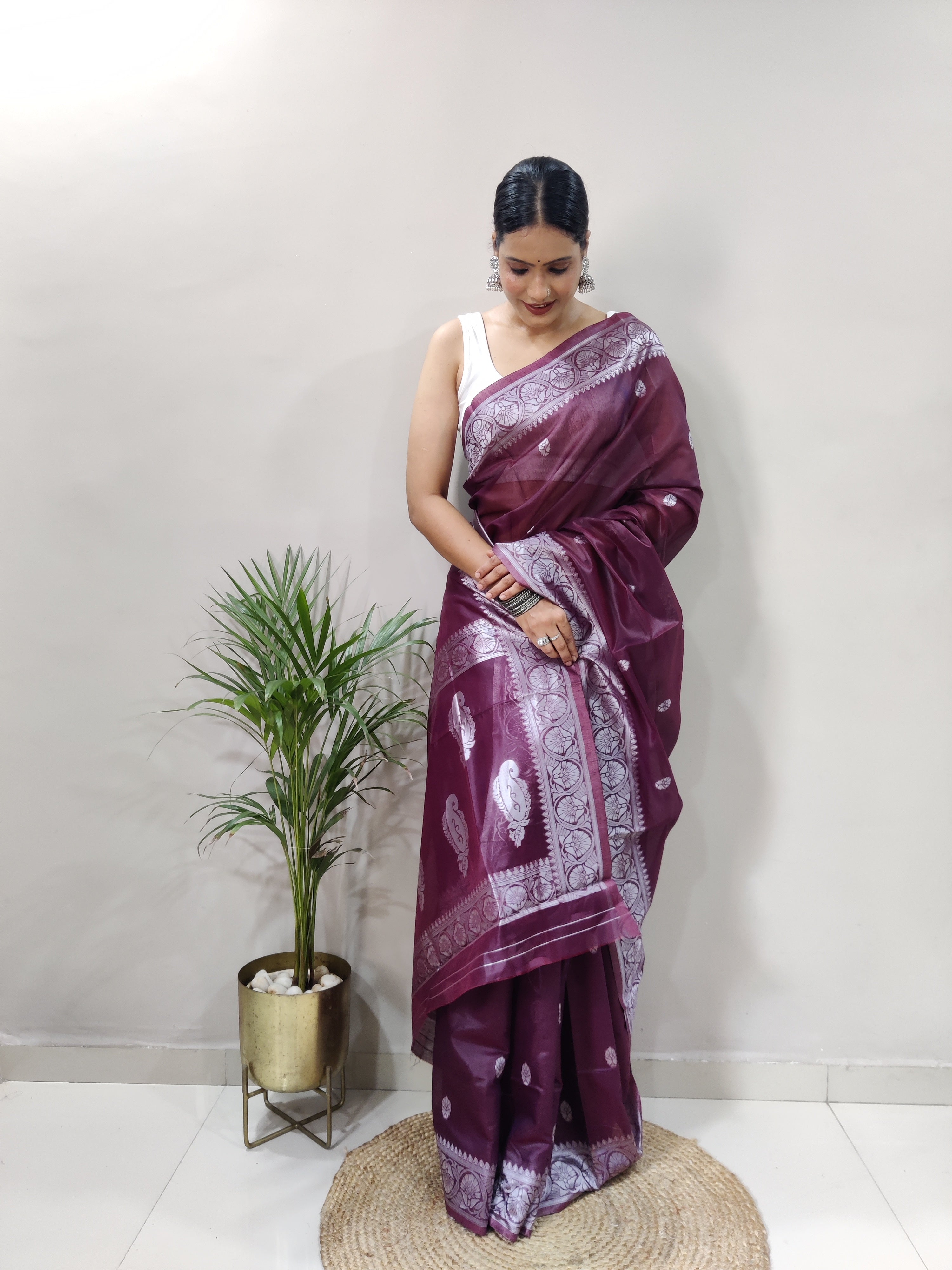 Wine and Silver Design Spun Cotton Saree