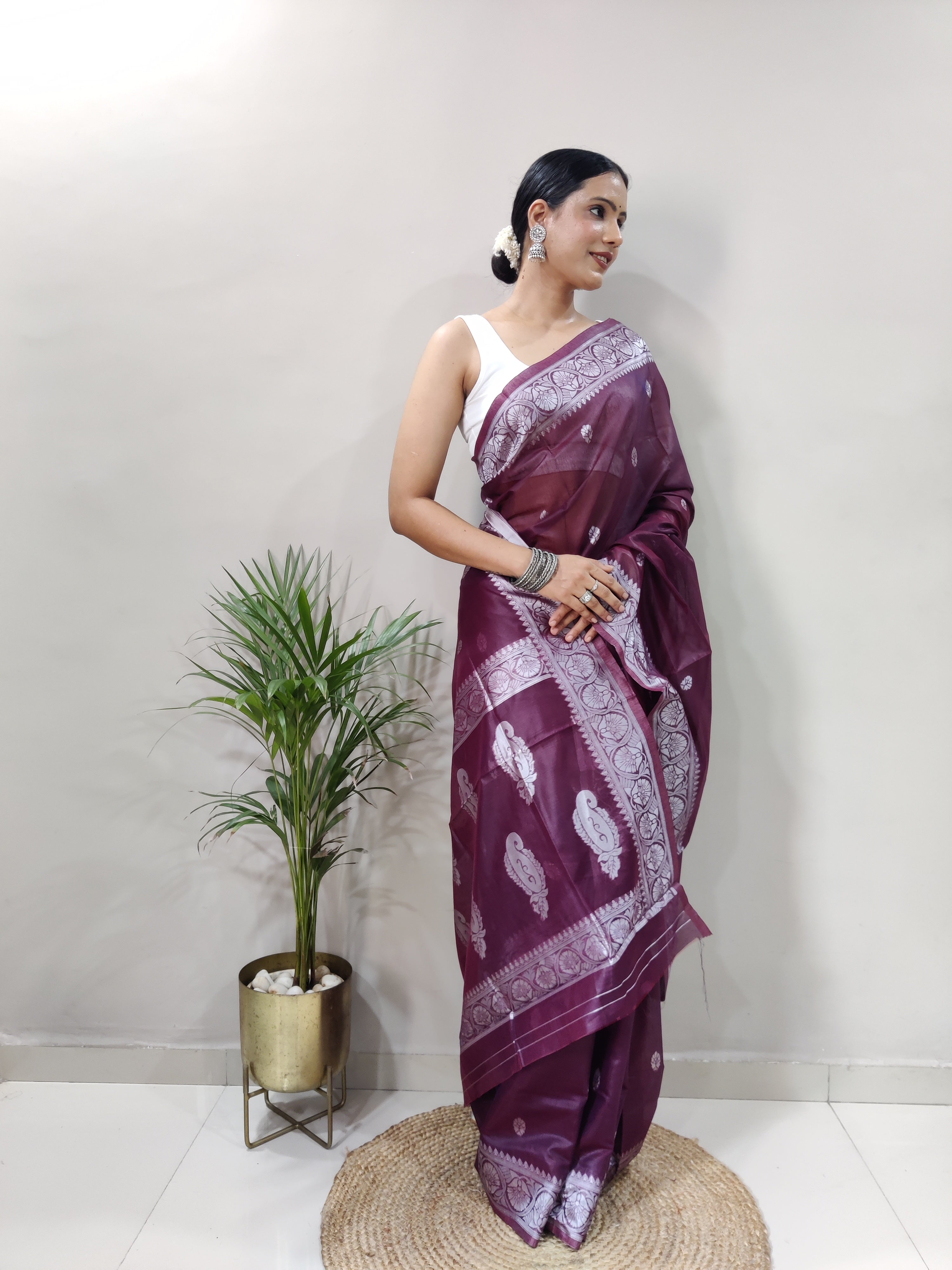 Wine and Silver Design Spun Cotton Saree