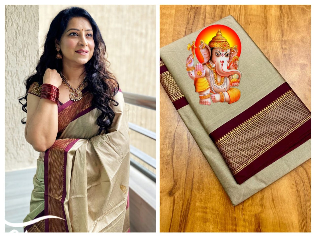 Chiku and Brown pallu Design CP Cotton Saree