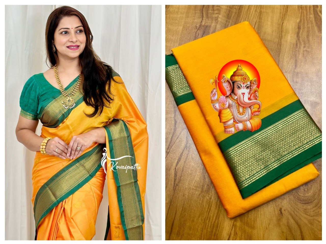 Orange and Green pallu Design CP Cotton Saree