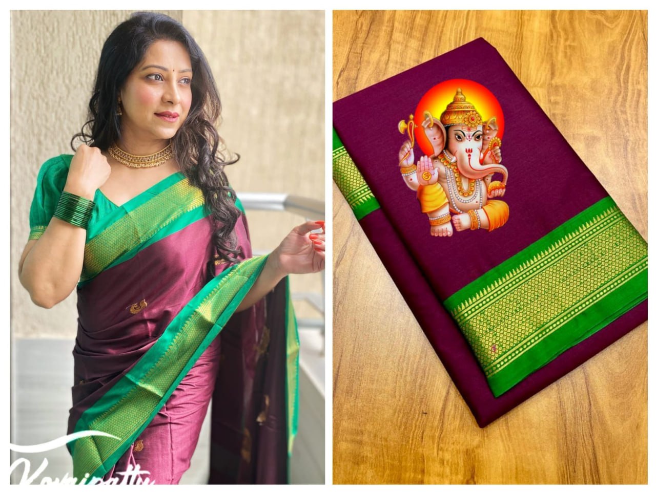 Purple and Green pallu Design CP Cotton Saree