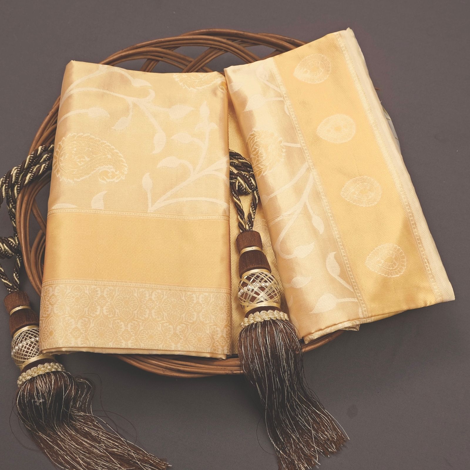 Cream Golden Yellow Boarder Dola Silk Saree