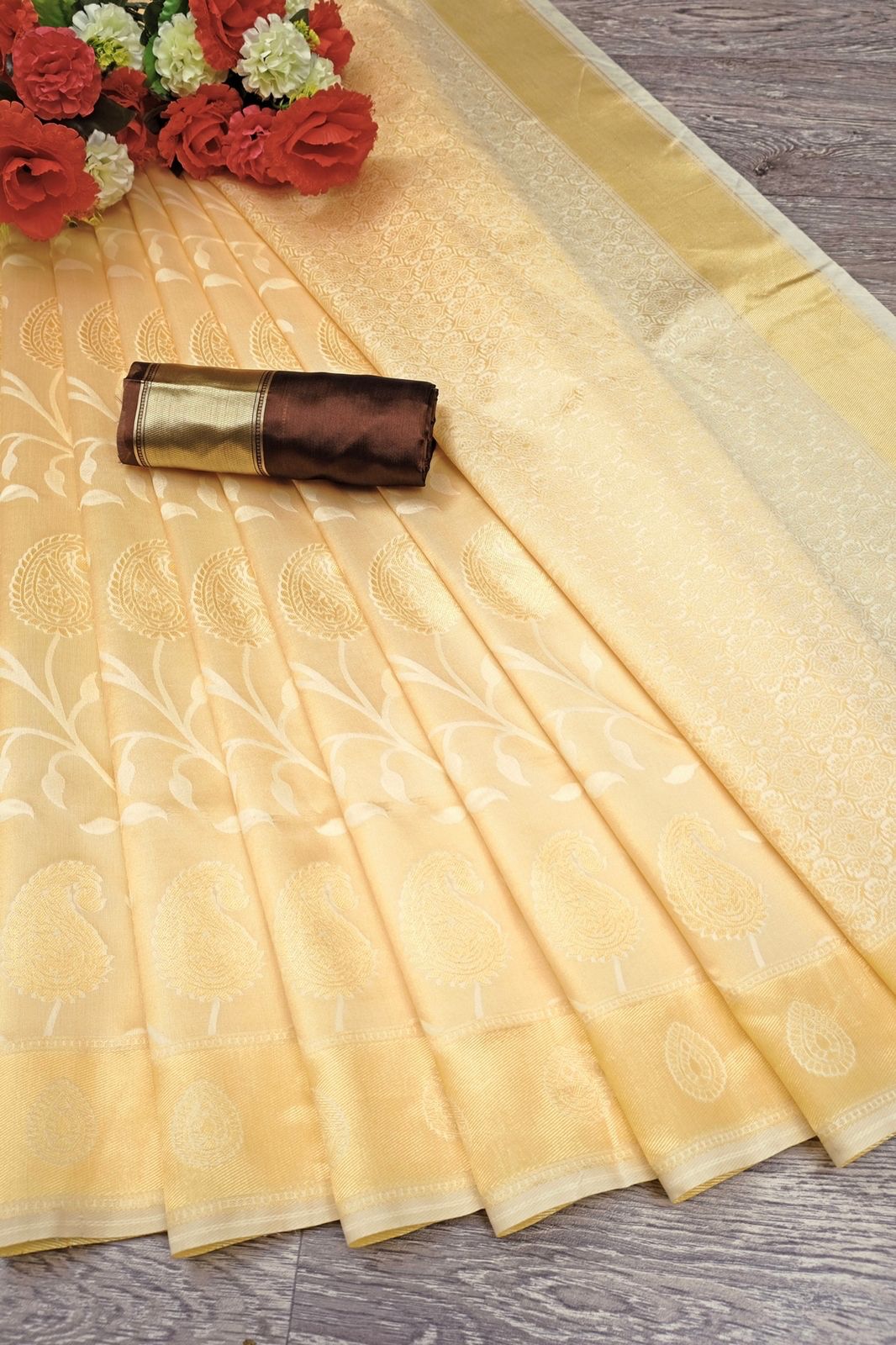 Cream Golden Yellow Boarder Dola Silk Saree