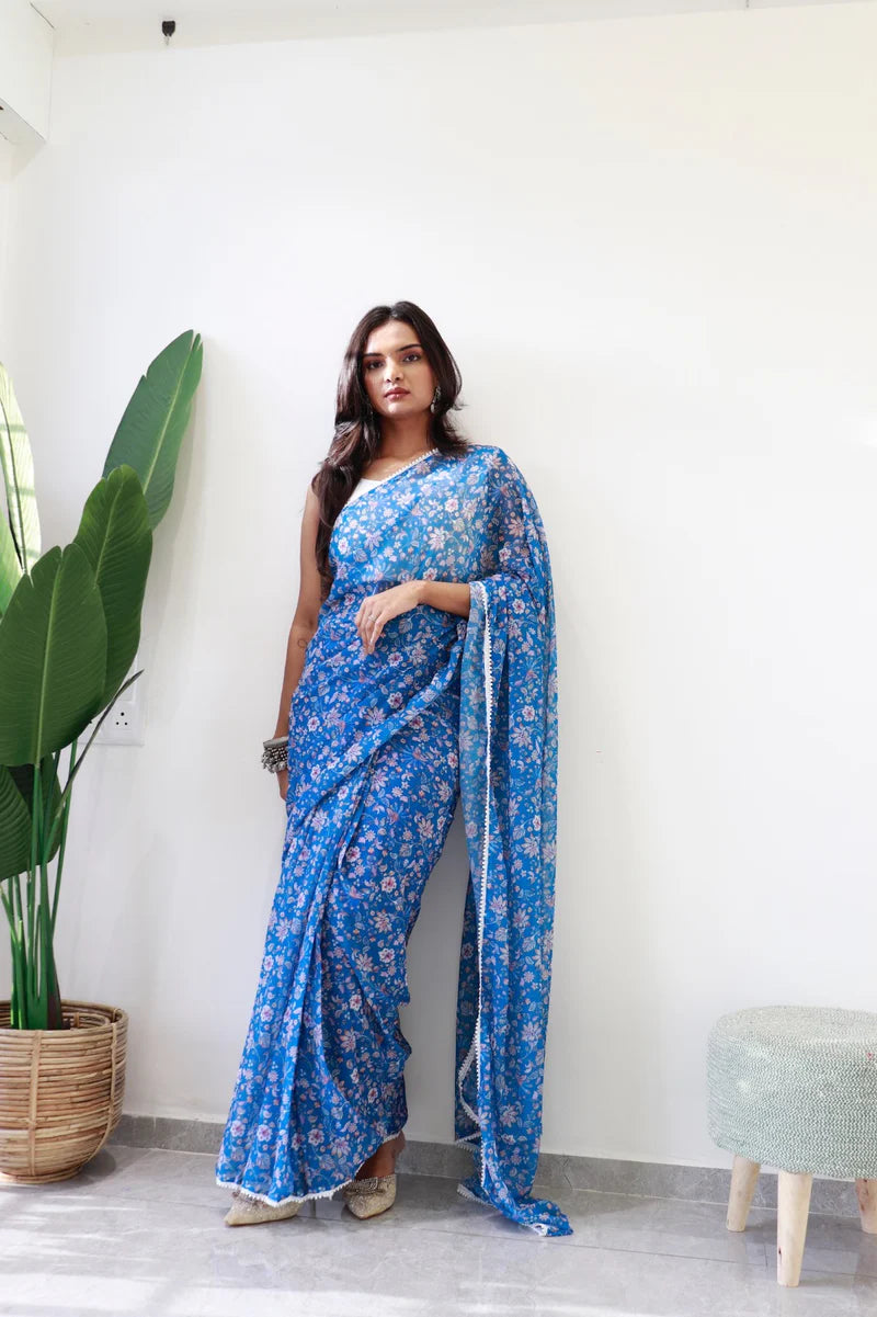 1 min ready to wear blue flower valley saree - blue flower valley