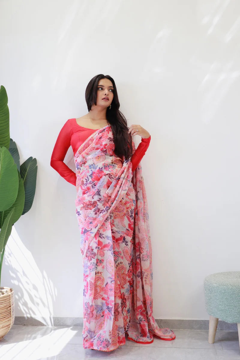 1-Min Ready To Wear Fox Georgette Floral Digital Print Saree With Unstitch Blouse