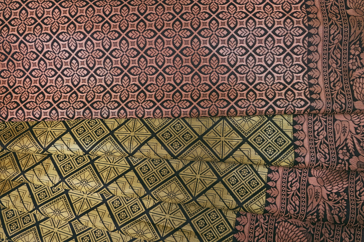 Dark Green Copper Design Satrang Dola Silk Saree