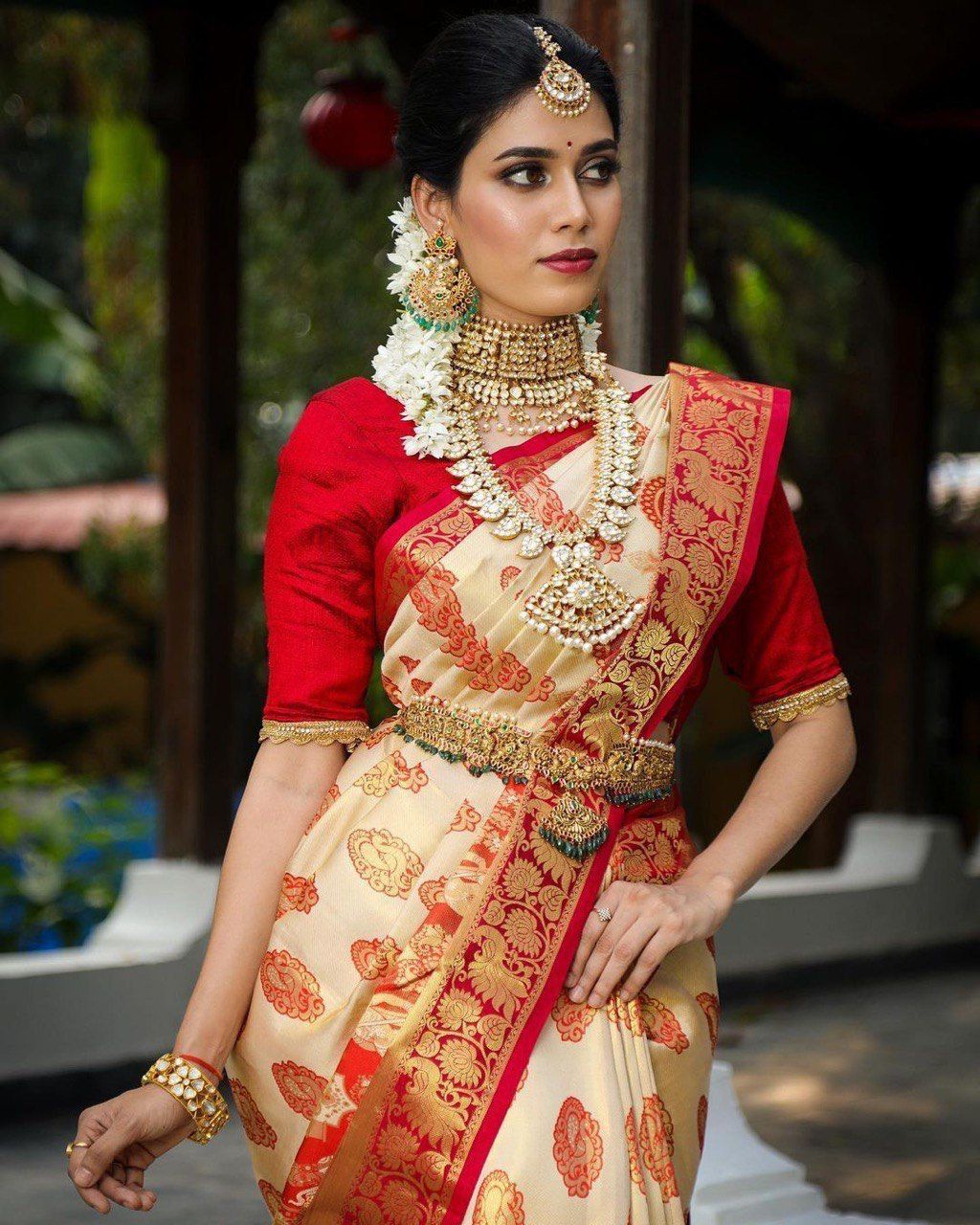 Red & Off-white Cream Dulhan Dola Silk Saree