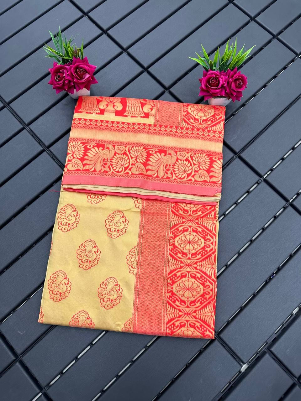 Red & Off-white Cream Dulhan Dola Silk Saree