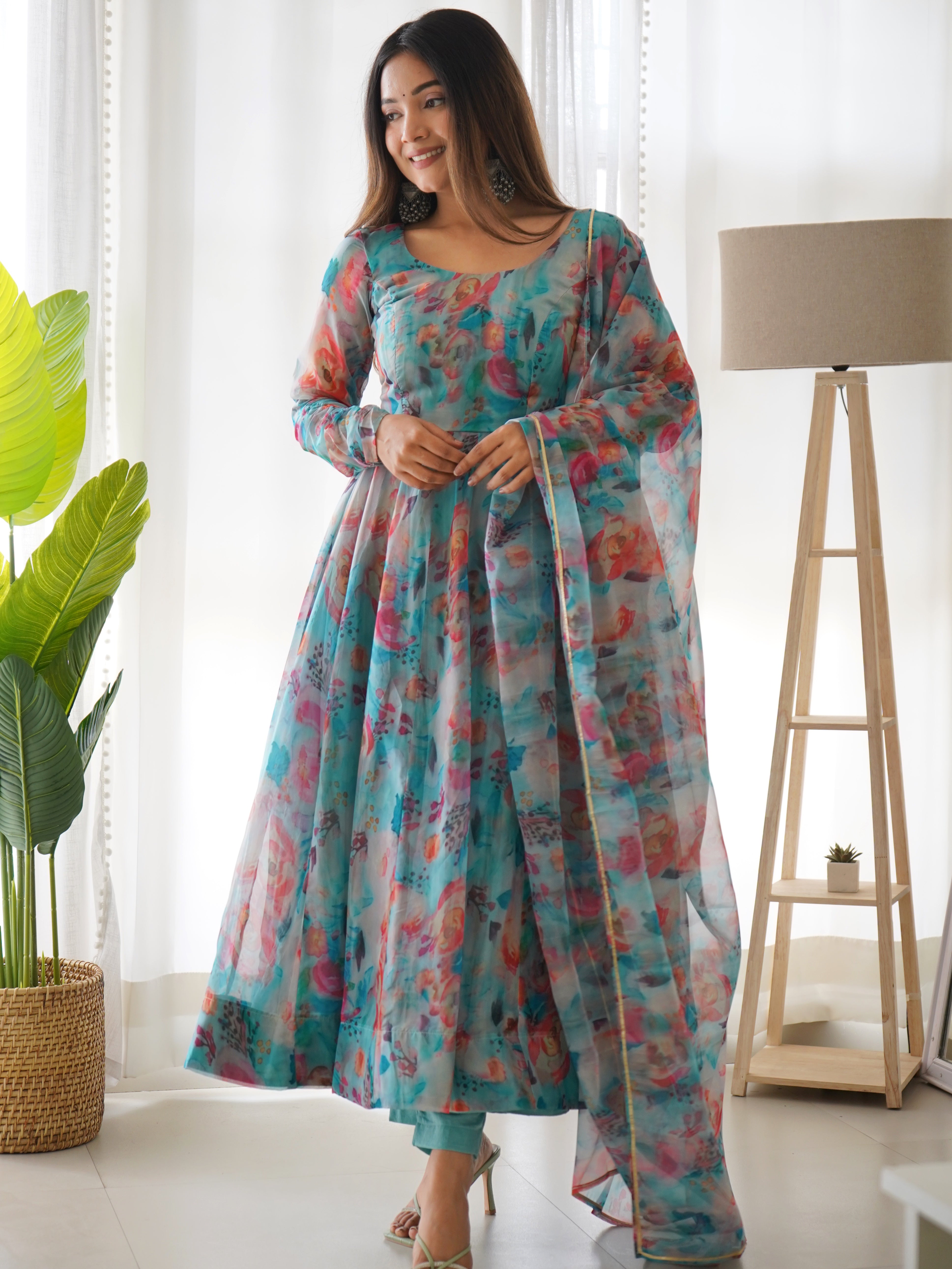 SKY FLORAL-Fully Stitched Ready To Wear Pure Soft Organza Silk Fabric Fully Flair Anarkali Gown Set.