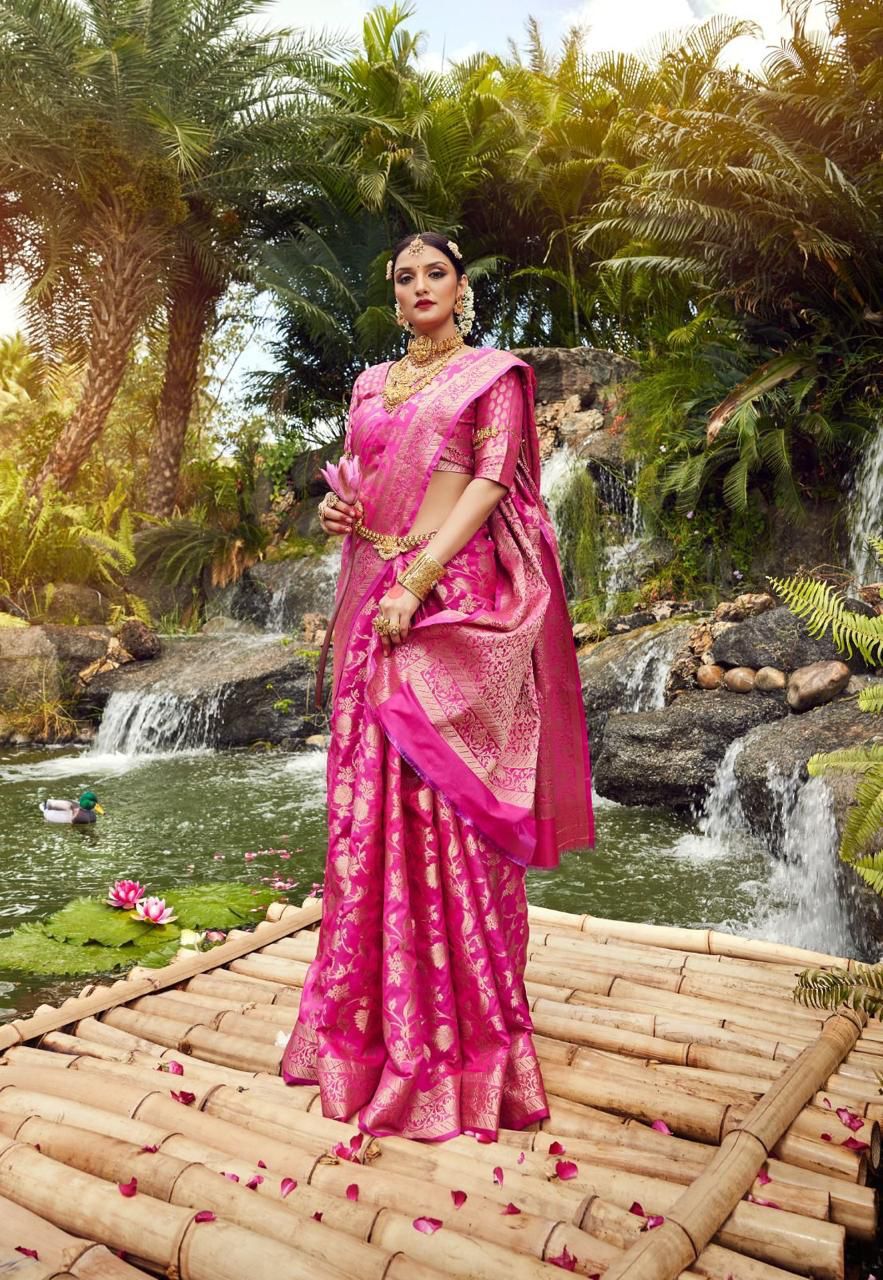 Dark Pink Golden Design Boarder Famous Kanjivaram Silk Saree