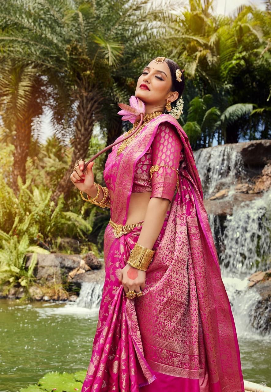 Dark Pink Golden Design Boarder Famous Kanjivaram Silk Saree