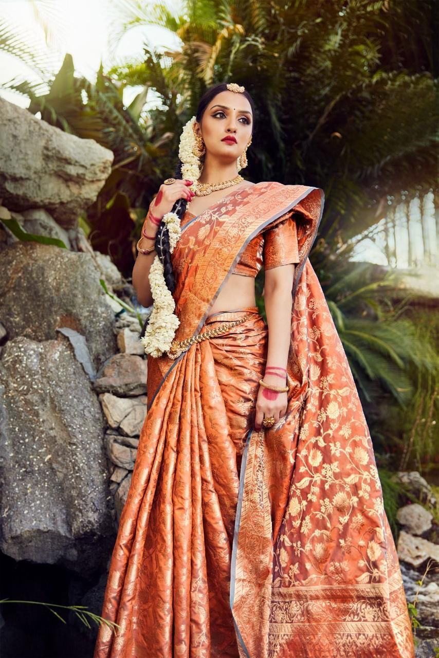 Orange Golden Design Boarder Famous Kanjivaram Silk Saree