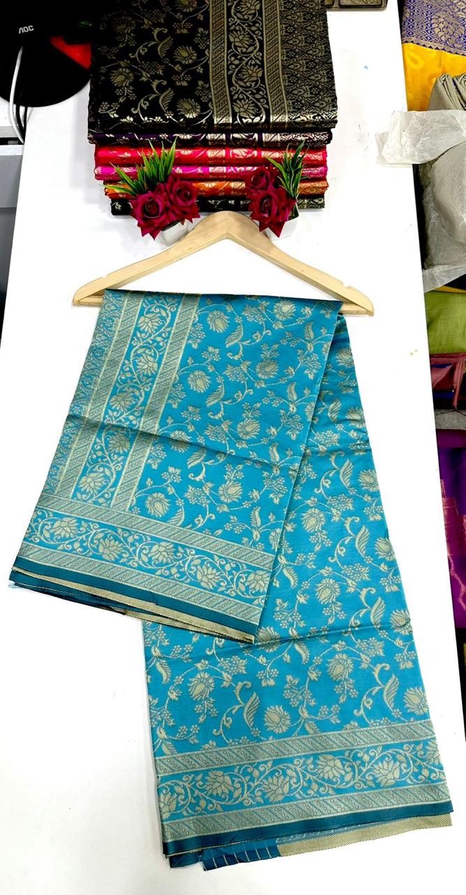 Sky Golden Design Boarder Famous Kanjivaram Silk Saree