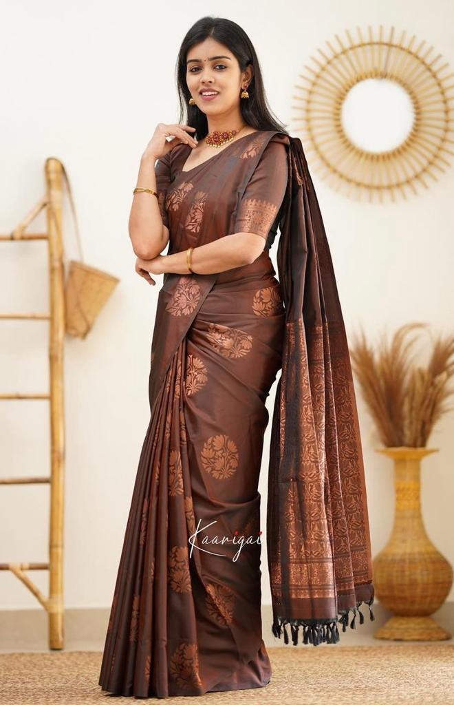 Maroon Copper Design Boarder Fuddy Kanjivaram Silk Saree