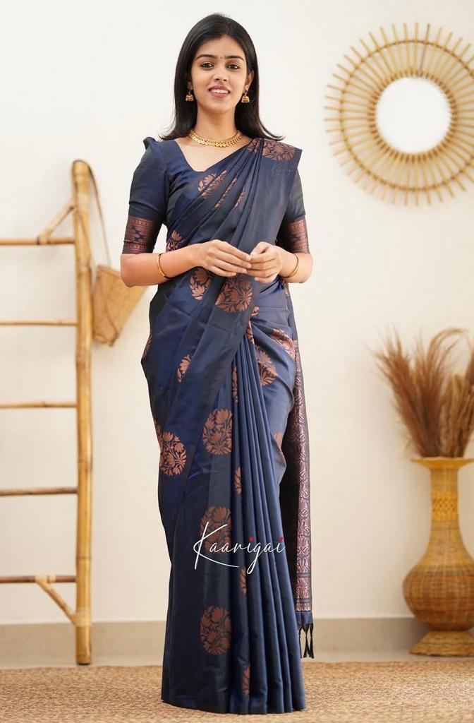 Navy Blue Copper Design Boarder Fuddy Kanjivaram Silk Saree