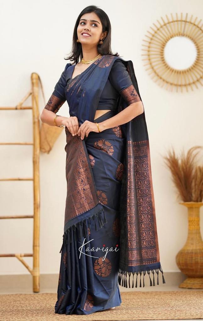 Navy Blue Copper Design Boarder Fuddy Kanjivaram Silk Saree