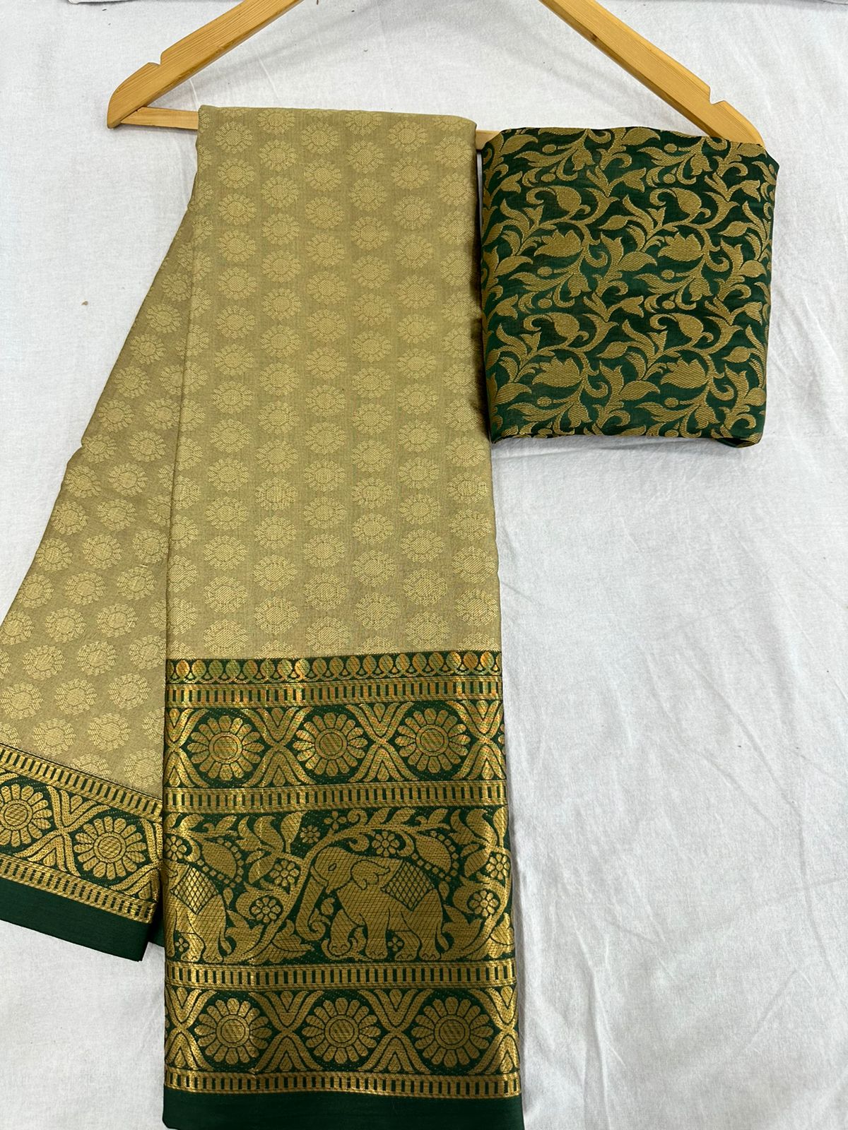 Chiku Green Silver Copper Design Gajanan Pure Silk Saree