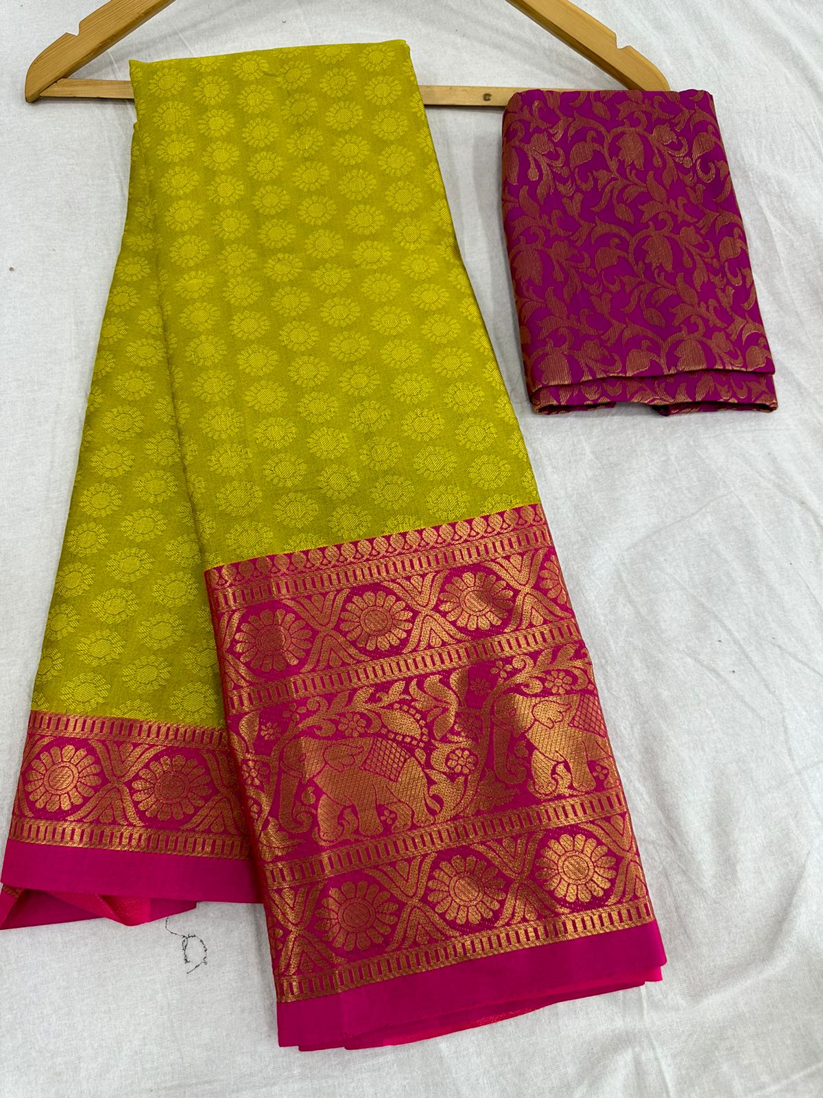 Lemon Pink Silver Copper Design Gajanan Pure Silk Saree