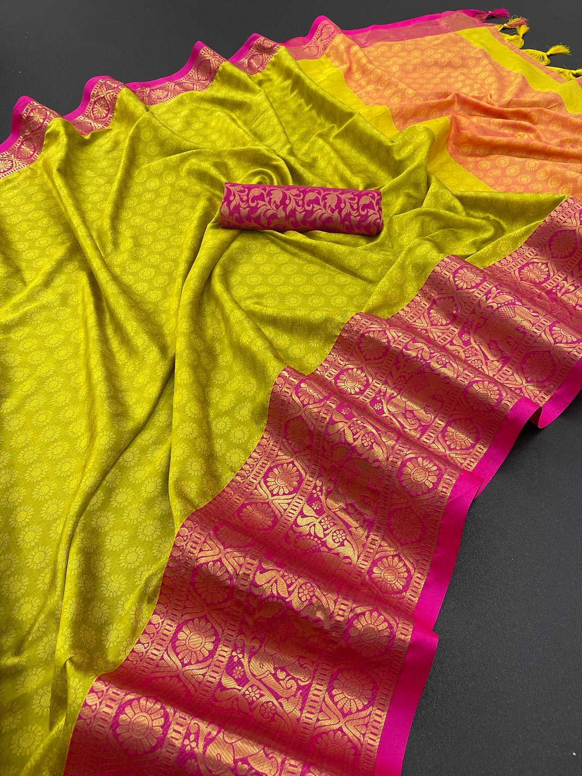 Lemon Yellow Pink Silver Copper Design Gajanan Pure Silk Saree