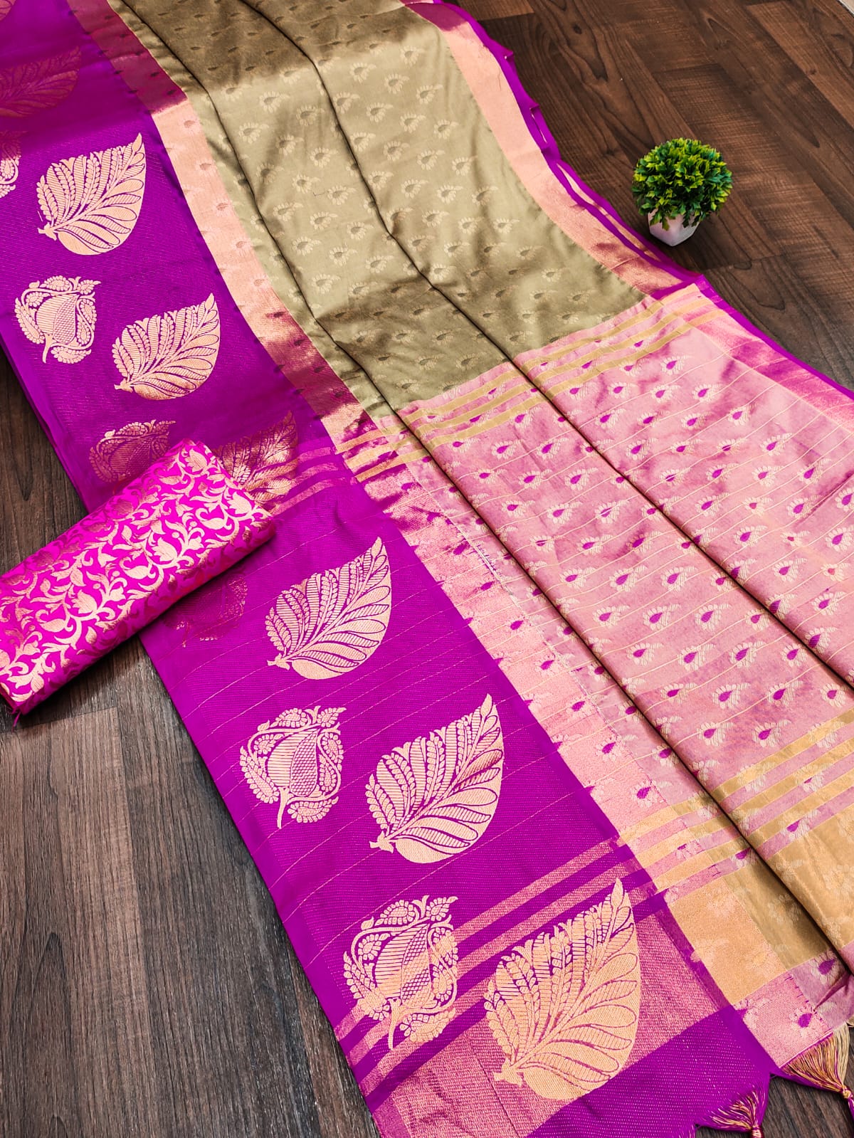 Chiku Pink Goldenpatti Design Kanjivaram Silk Saree