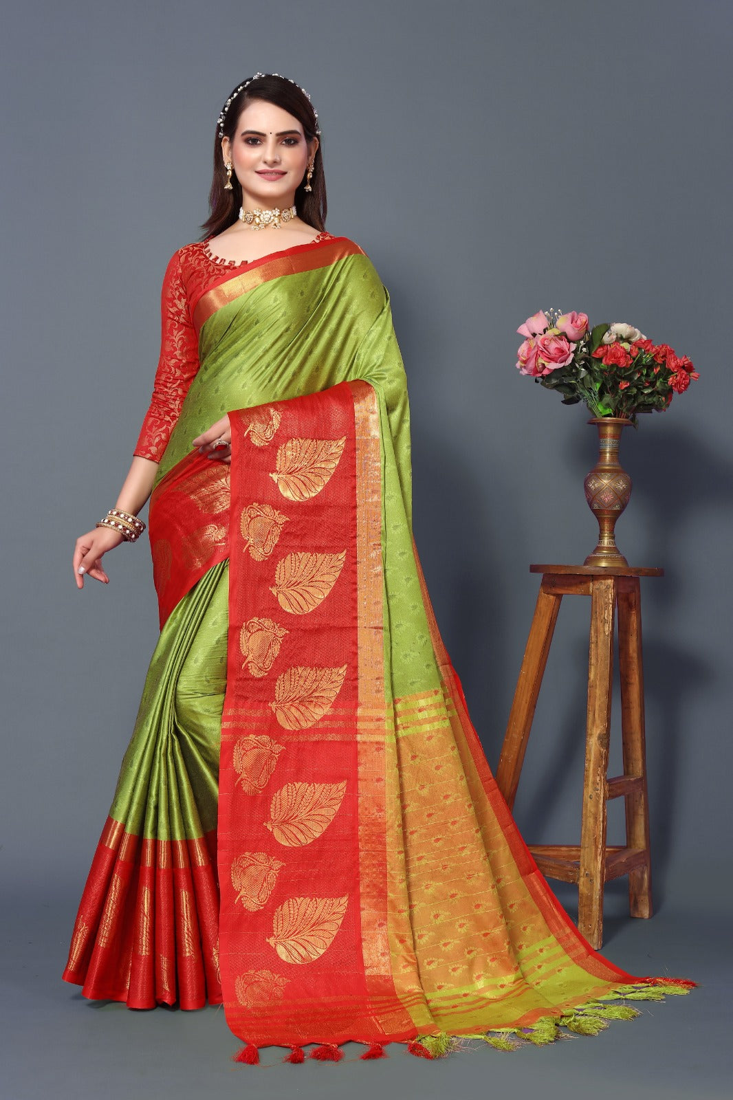 Lemon Red Goldenpatti Design Kanjivaram Silk Saree