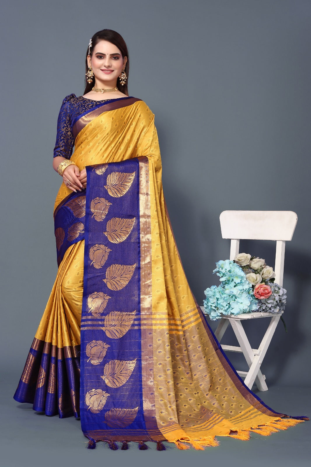 Mustard Blue Goldenpatti Design Kanjivaram Silk Saree