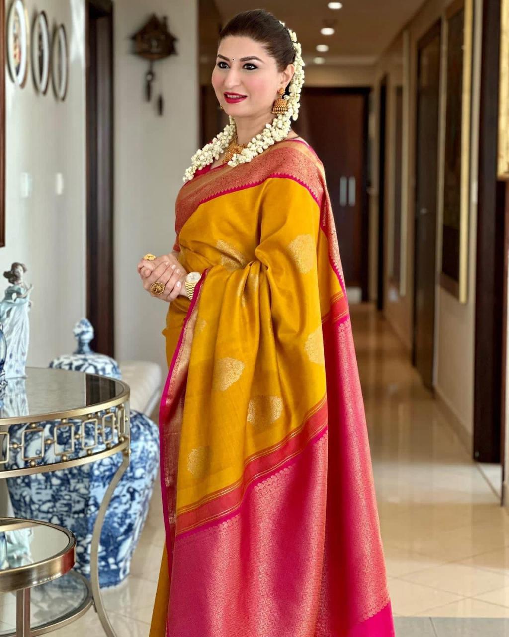 Yellow Pink Copper Design Goldy Dola Silk Saree