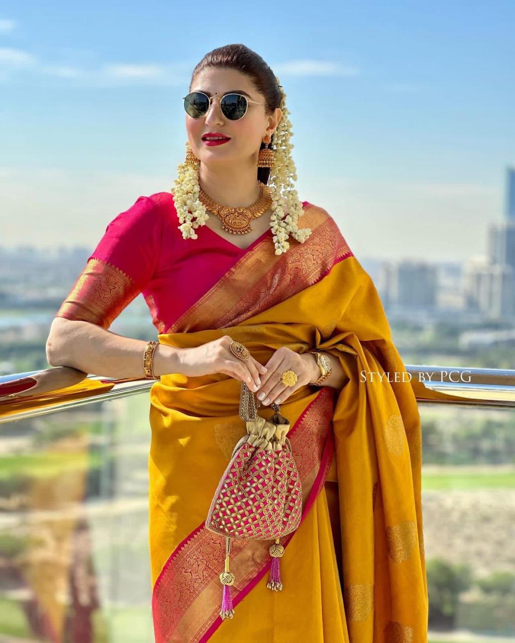 Yellow Pink Copper Design Goldy Dola Silk Saree