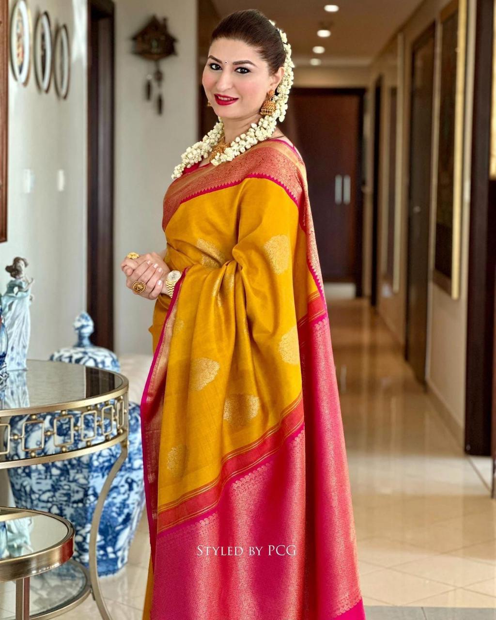 Yellow Pink Copper Design Goldy Dola Silk Saree