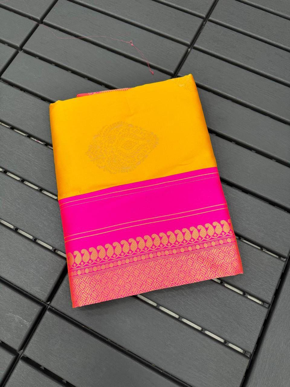 Yellow Pink Copper Design Goldy Dola Silk Saree