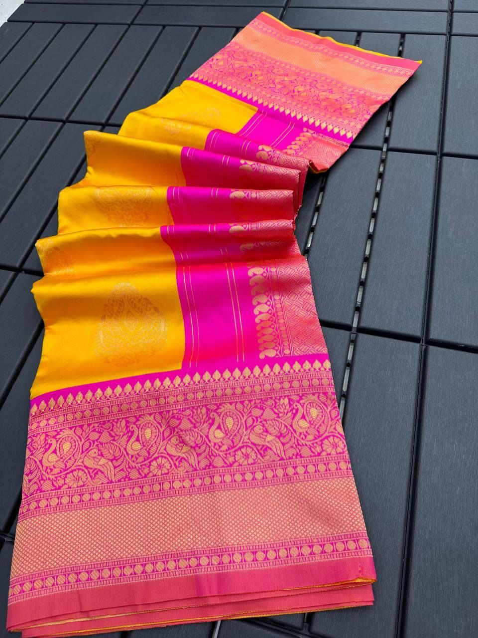 Yellow Pink Copper Design Goldy Dola Silk Saree