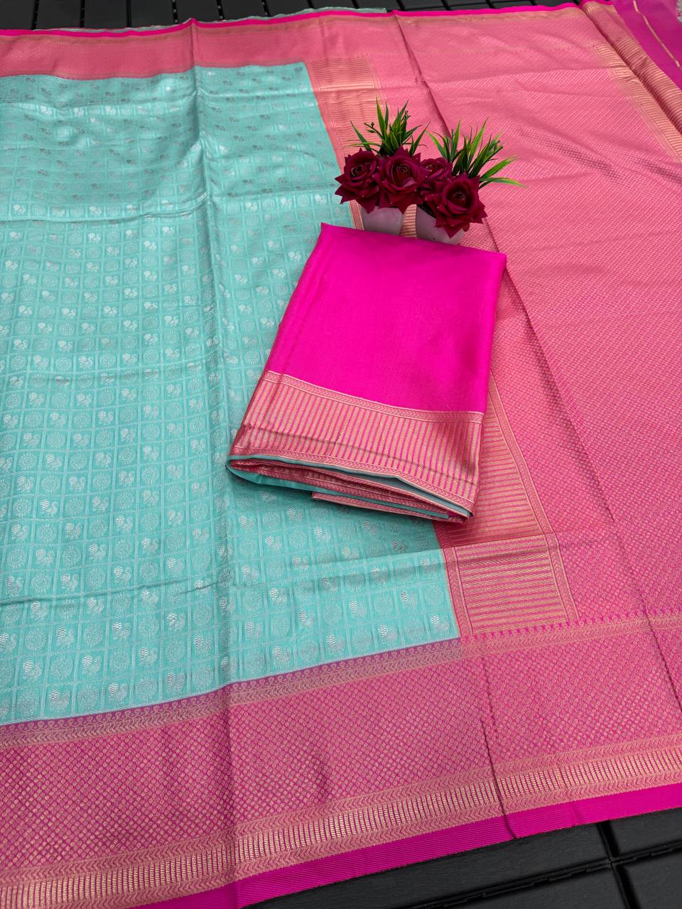 Sky Pink Copper Design Gopinath Dola Silk Saree