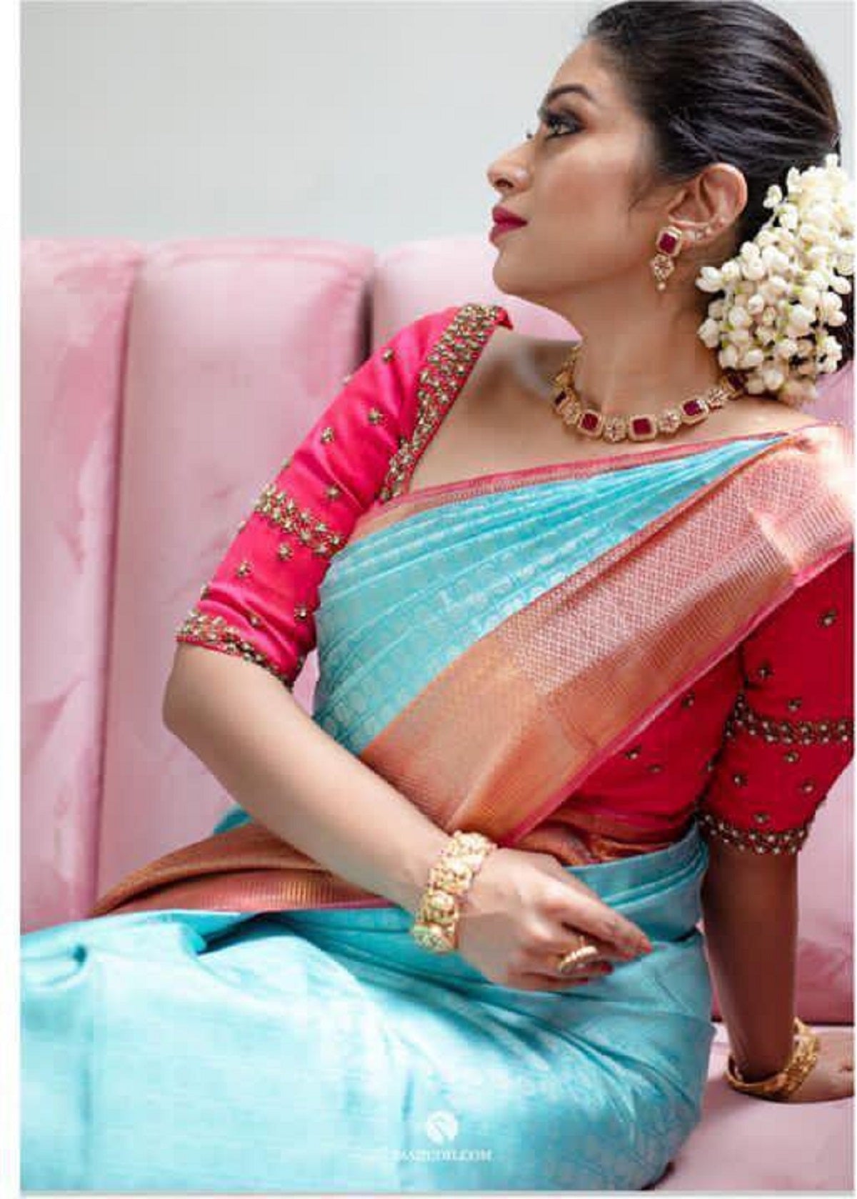 Sky Pink Copper Design Gopinath Dola Silk Saree