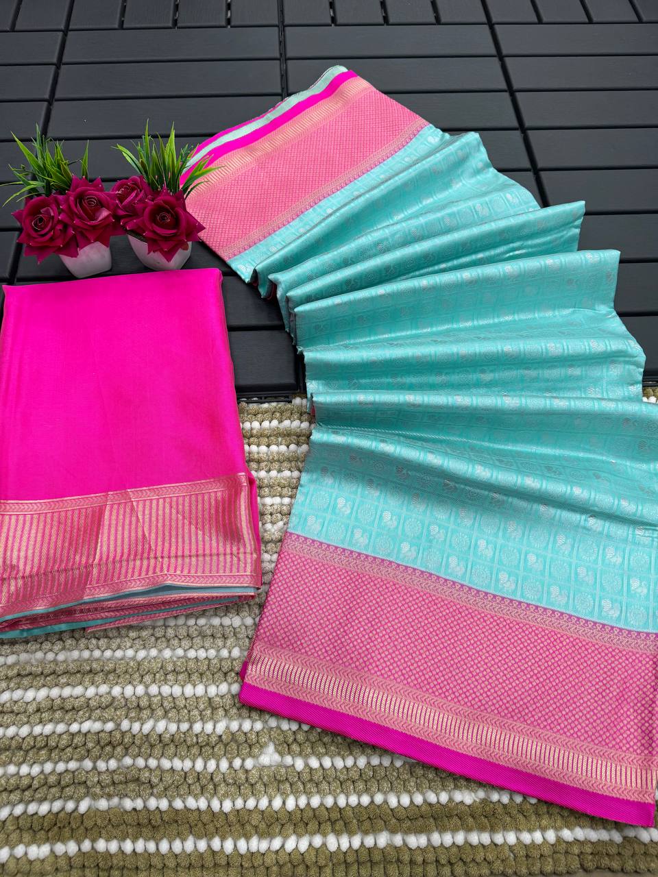 Sky Pink Copper Design Gopinath Dola Silk Saree