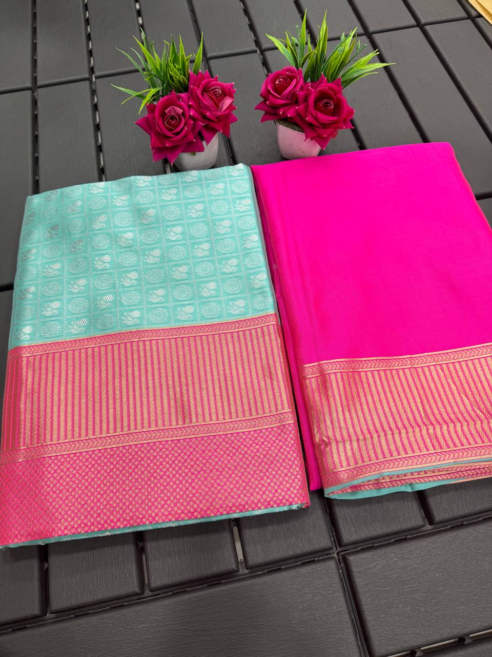 Sky Pink Copper Design Gopinath Dola Silk Saree